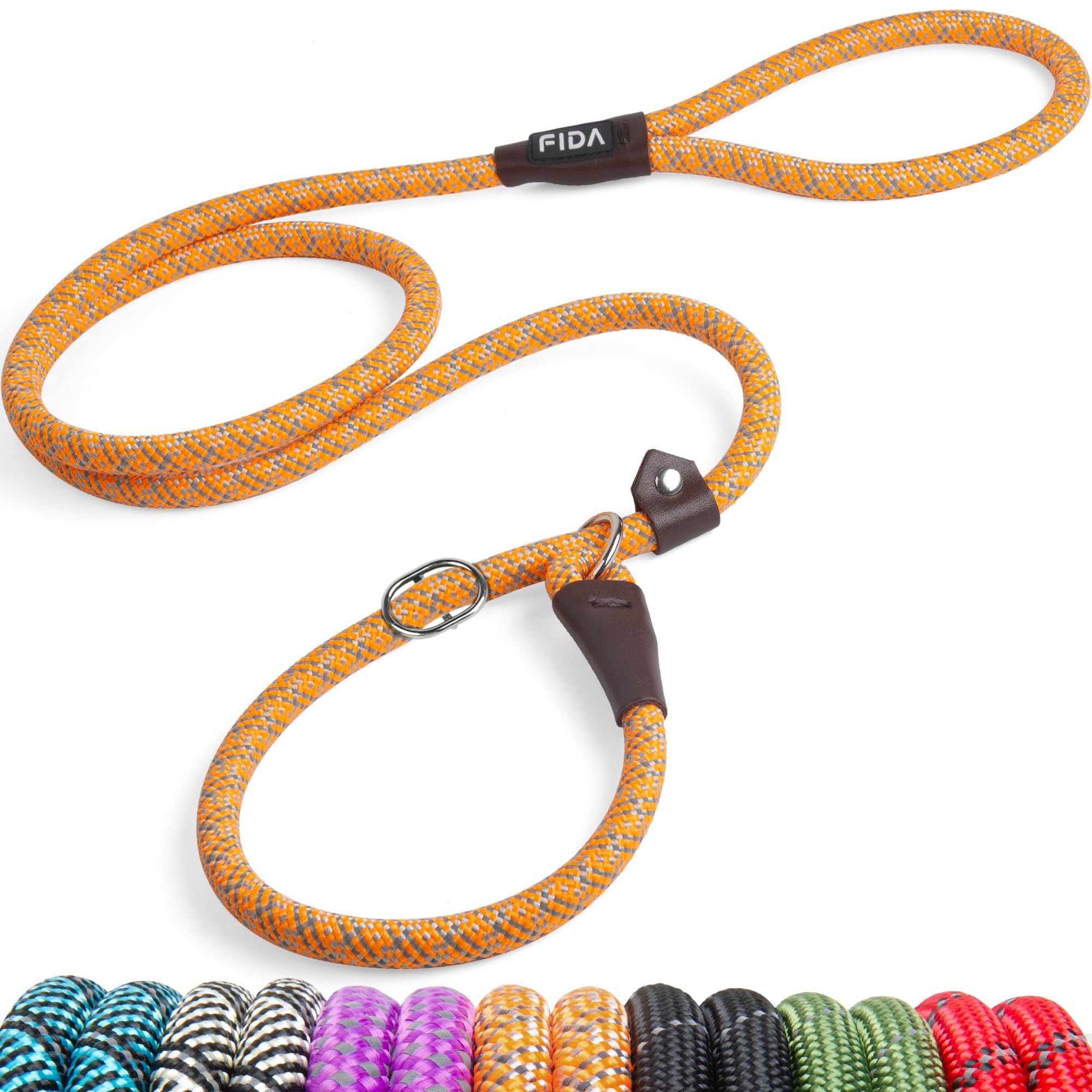 Fida Durable Slip Loop Lead For Large, Medium Dogs, 6 Ft X 1/2' Heavy Duty, Comfortable Strong Rope, No Pull Pet Training Leash With Highly Reflective, Orange