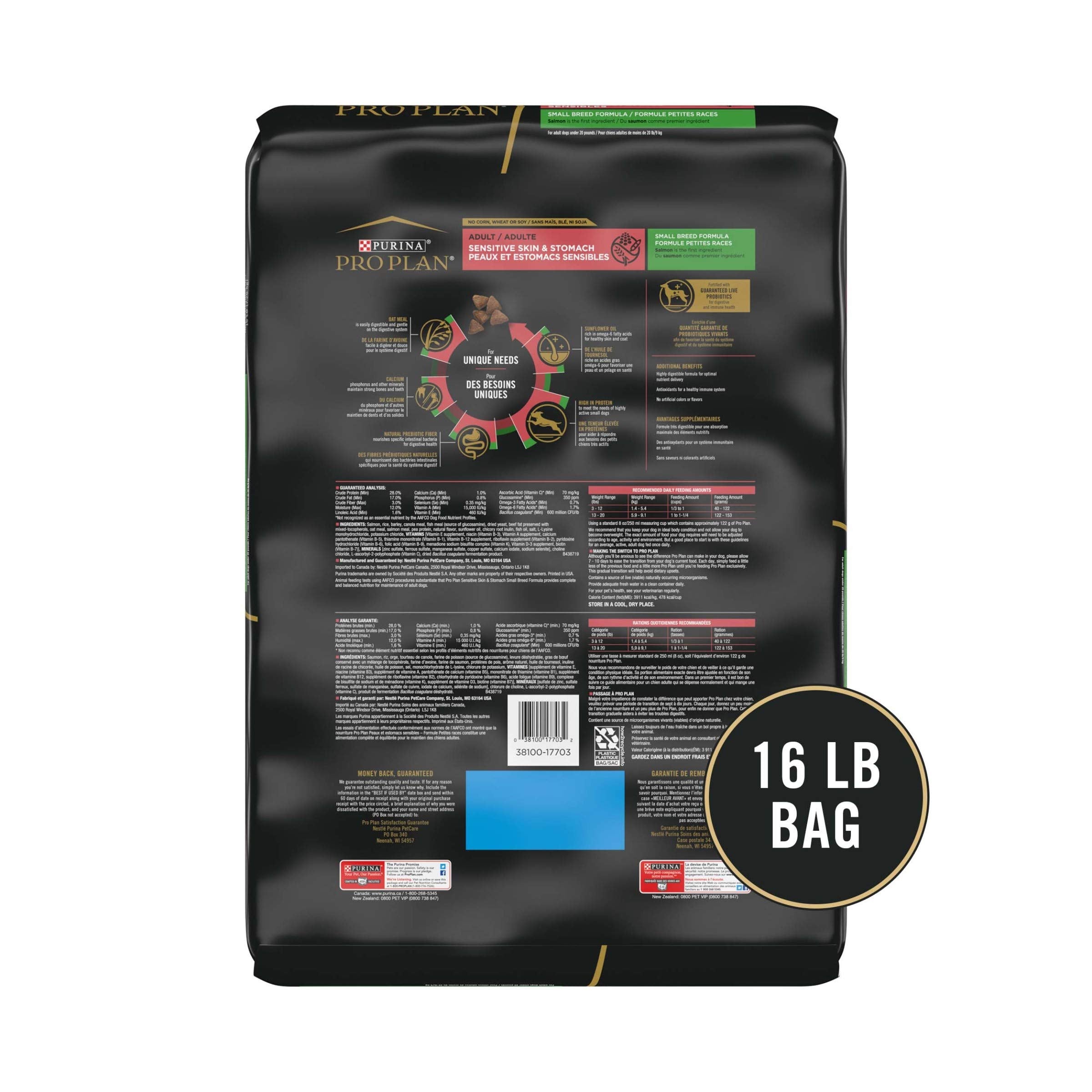 Purina Pro Plan Sensitive Skin and Stomach Dog Food Small Breed, Adult Salmon & Rice Formula - 16 lb. Bag