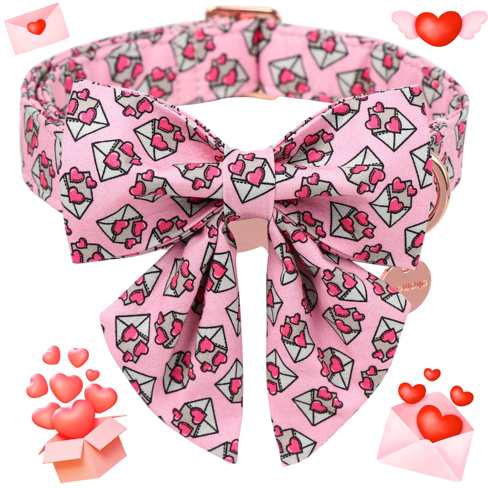 Dogwong Valentine'S Day Dog Collar With Saolor Bowtie, Adjustable Durable Pink Heart Collar For Small Medium Dogs