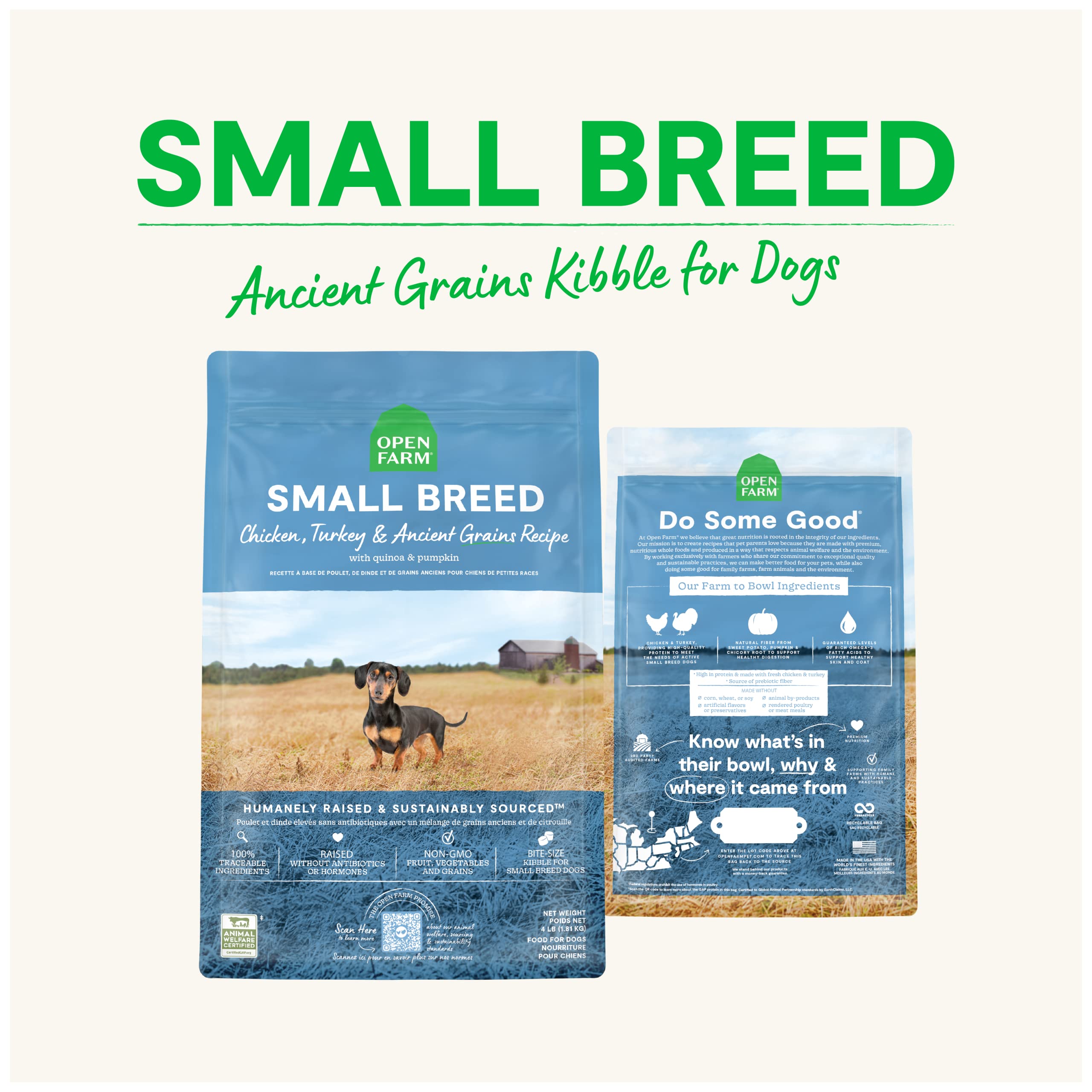 Open Farm, Ancient Grains Dry Dog Food For Small Breeds, Protein-Rich & Nutrient Dense, 90% Animal Protein With Non-GMO Fruits,