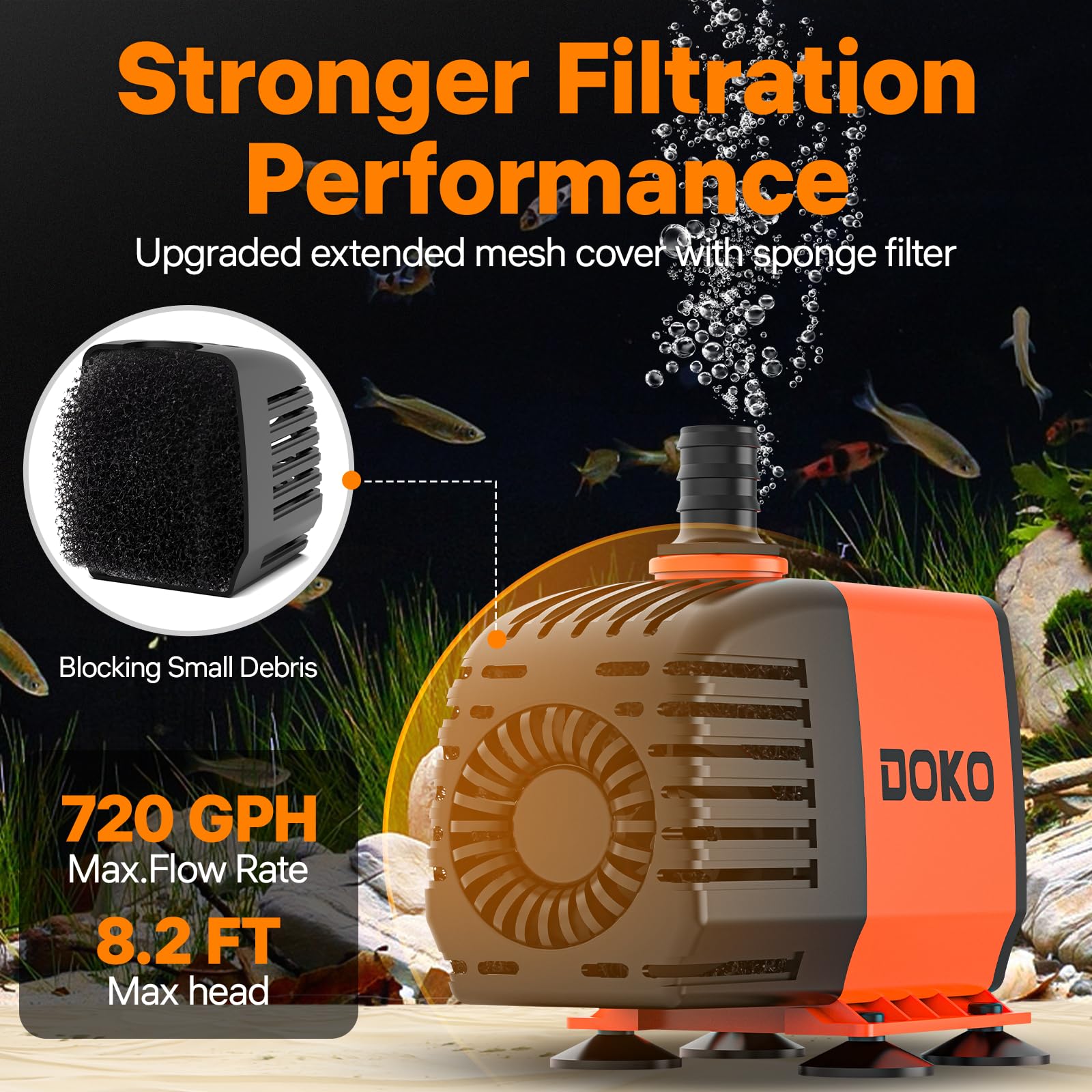 Doko Submersible Water Pump,720GPH Aquarium Water Pump with Extended Mesh Cover and Sponge,Ultra Quiet Pond Pump with 6Ft Power