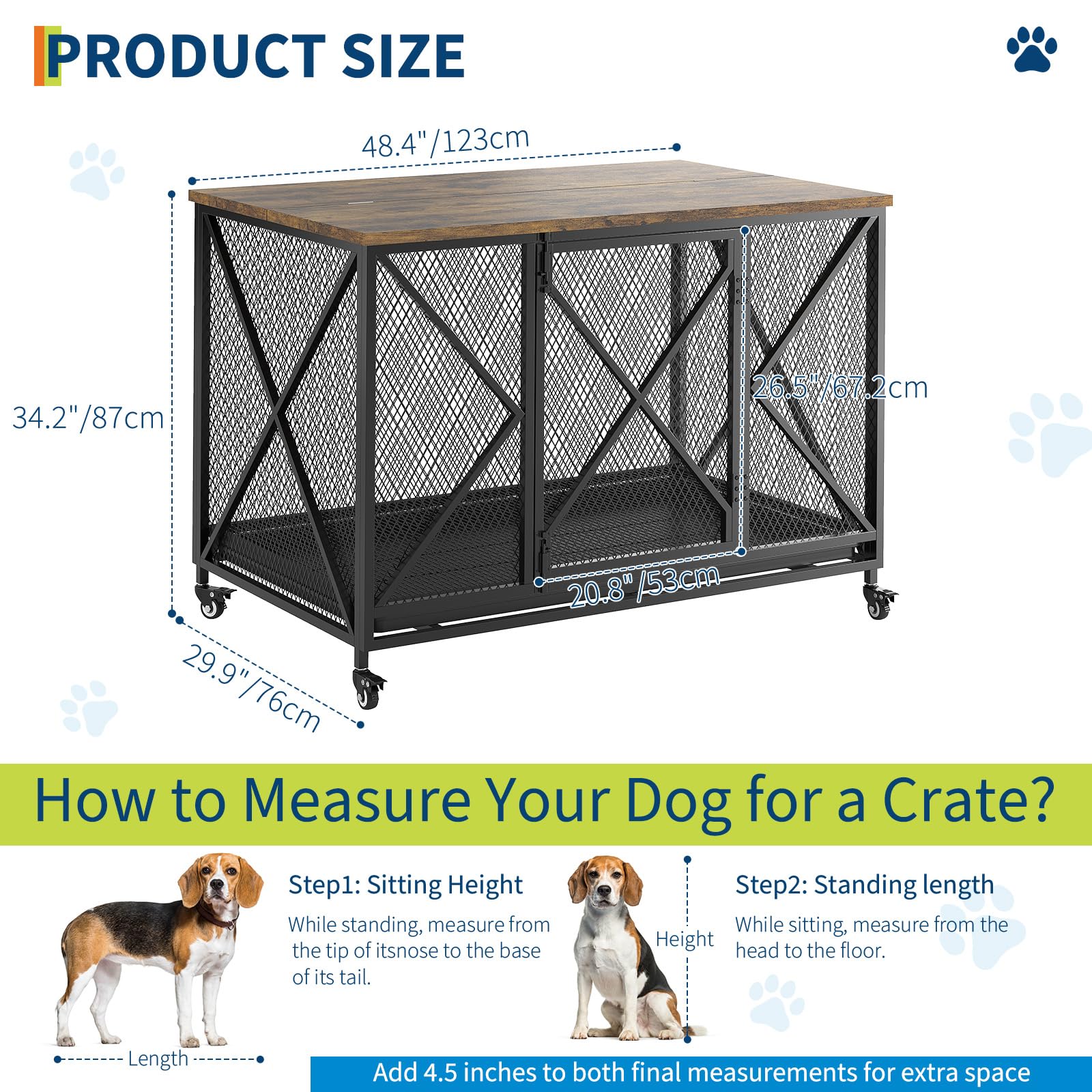 GarveeLife 48 in Heavy Duty Dog Crate Furniture with Wheels, Flip Top Dog Kennel End Table with Removable Tray, Multi-Functional