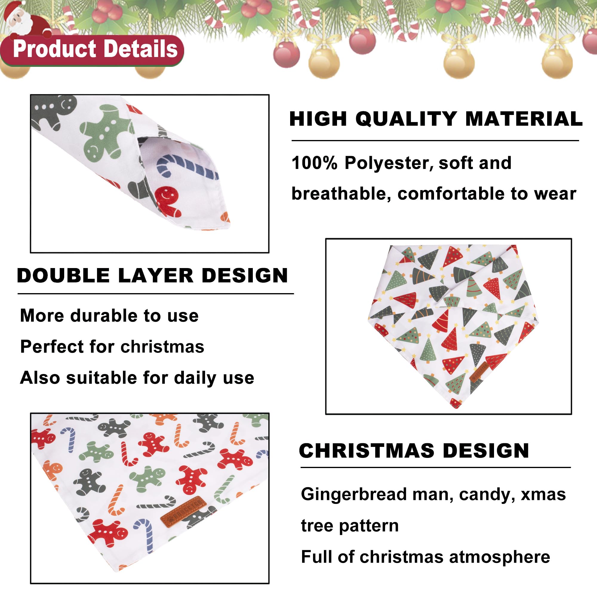 Adoggygo Christmas Dog Bandanas, Xmas Tree Candy Scarf, Premium Durable Fabric, White Christmas Bandanas For Small Dogs Pets (Sm