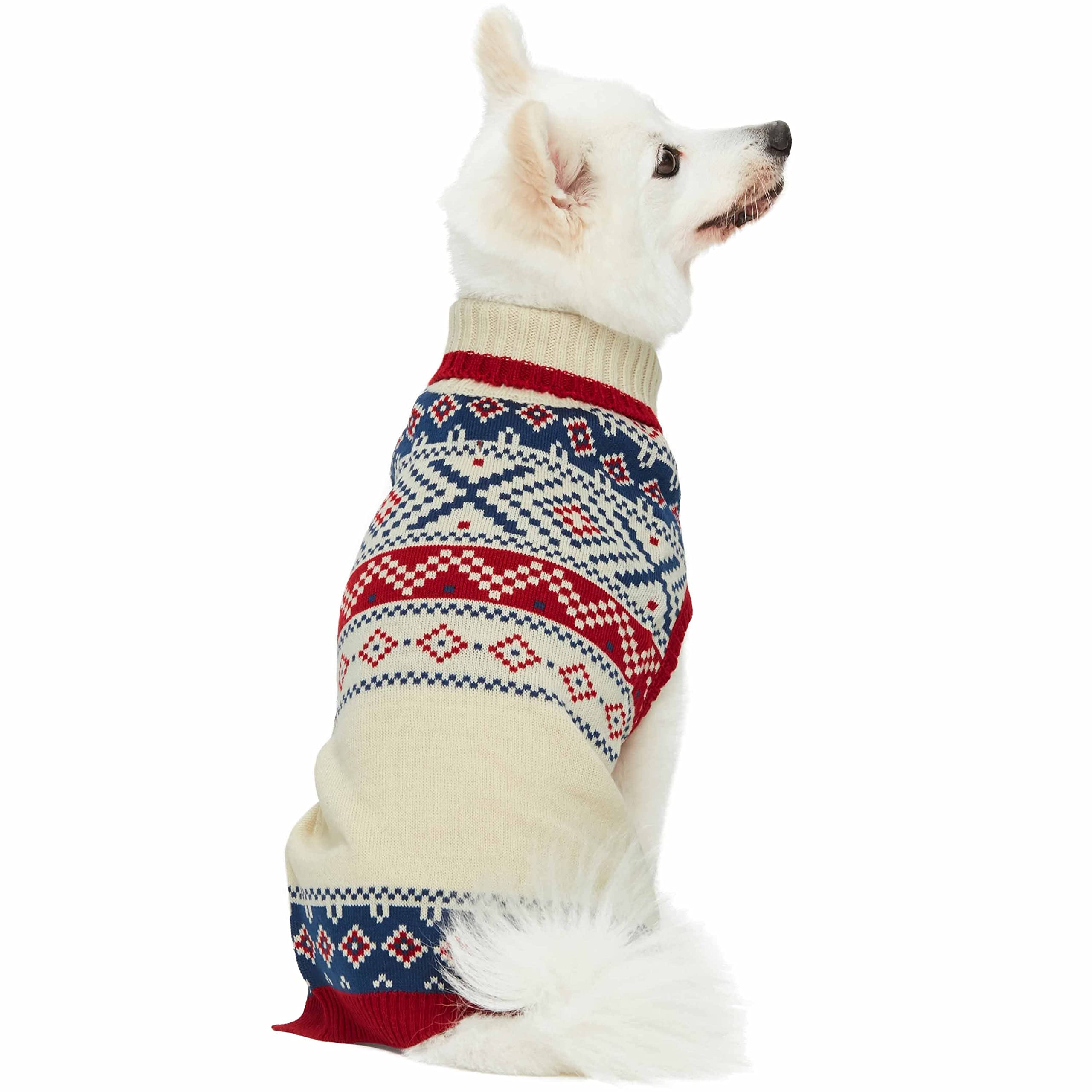 Blueberry Pet Holiday Christmas Chic Turtleneck Fair Isle Fall Winter Pullover Dog Sweater In Creamy White, Back Length 12', Warm Clothes For Small Dogs