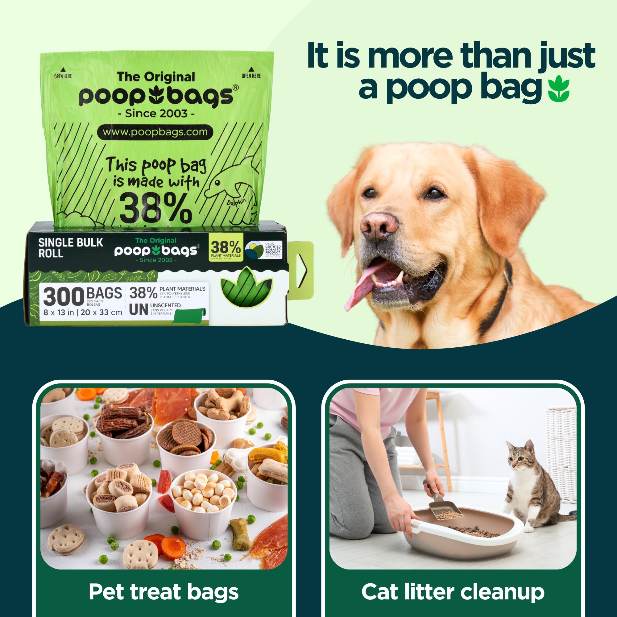 The Original Poop Bags Usda Certified 38% Plant-Based Dog Poop Bag Refills, Single Bulk Roll, Unscented, 3600 Count