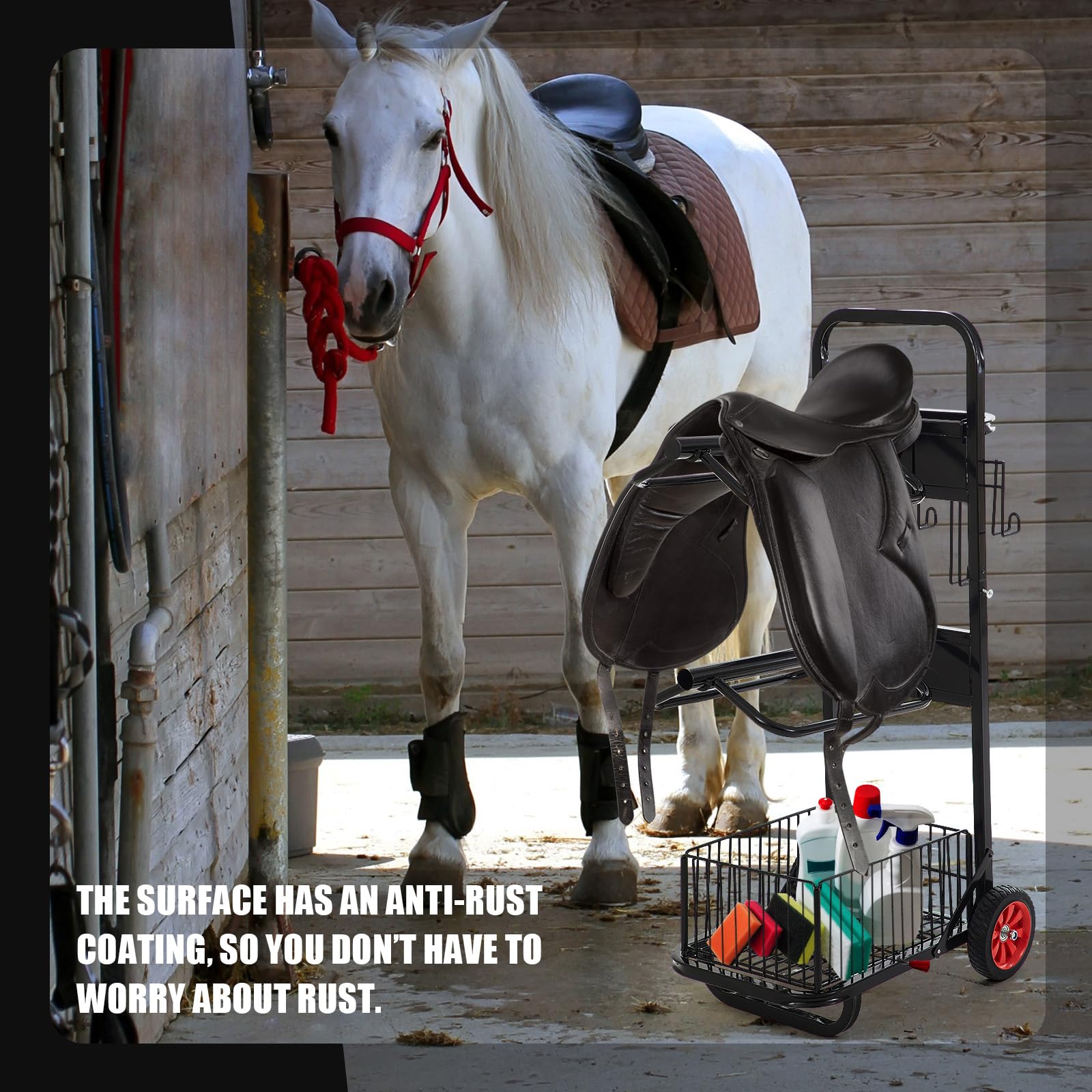DaisyInner Heavy Duty Rolling Saddle Cart - Foldable Horse Tack Dolly, Alloy Steel, Black, Model MAD-DaisyInner-0468