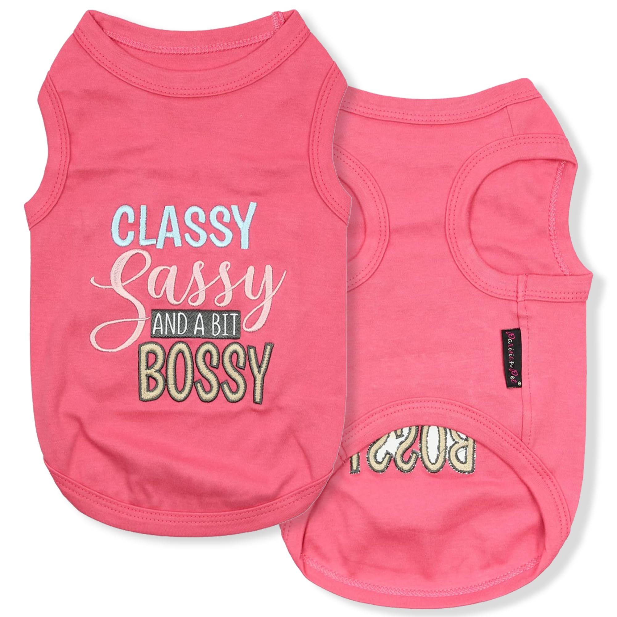 Parisian Pet Dog T-Shirt With Embroidered 'Classy, Sassy And Bit Bossy' Words - 100% Cotton, Pink Dog Clothes - Cute Pet Vest - Machine Washable Dog Shirts For Small Dogs, S