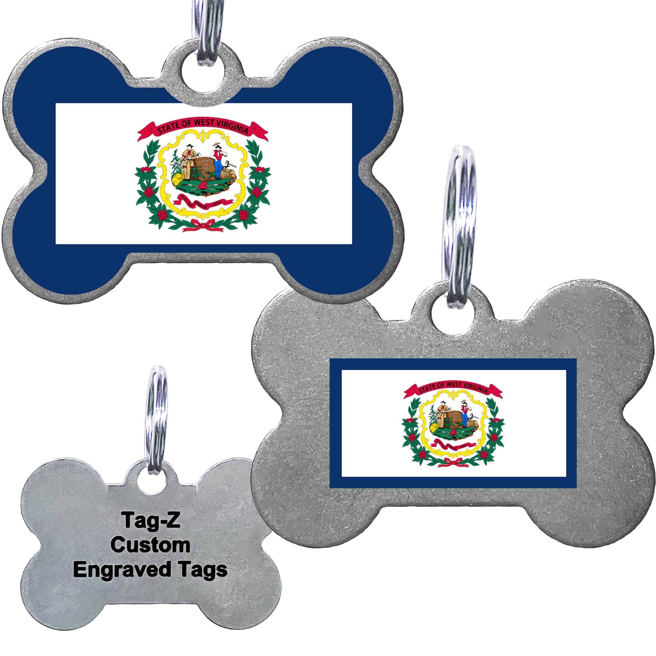 West Virginia Flag Pet Id Tags, Custom Printed And Laser Engraved Bone