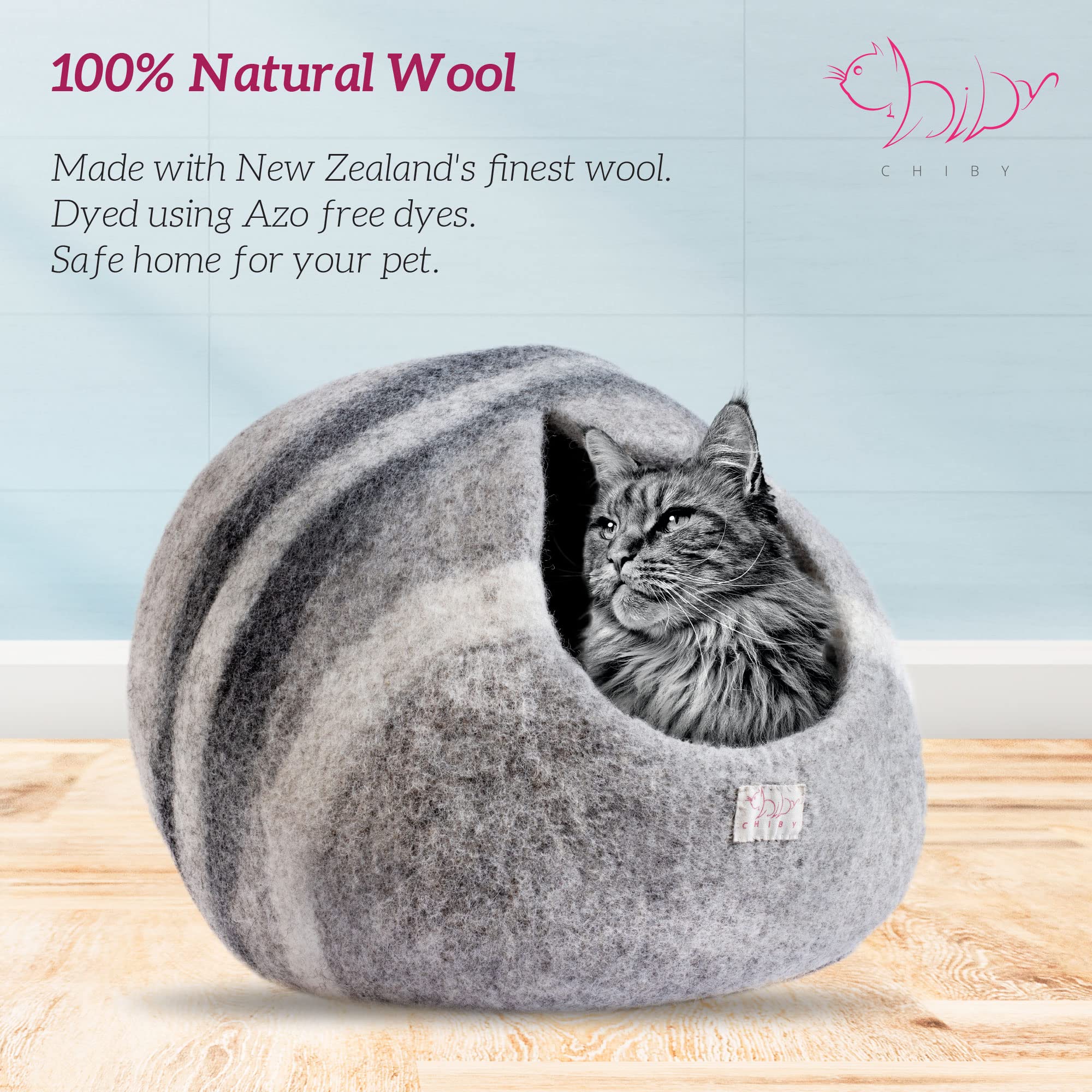 Chiby Cat Cave Bed (Large) Cat House For Indoor Cats~ Eco Friendly~ Hand Felted From 100% Natural New Zealand Wool !! (Grey Stripe)