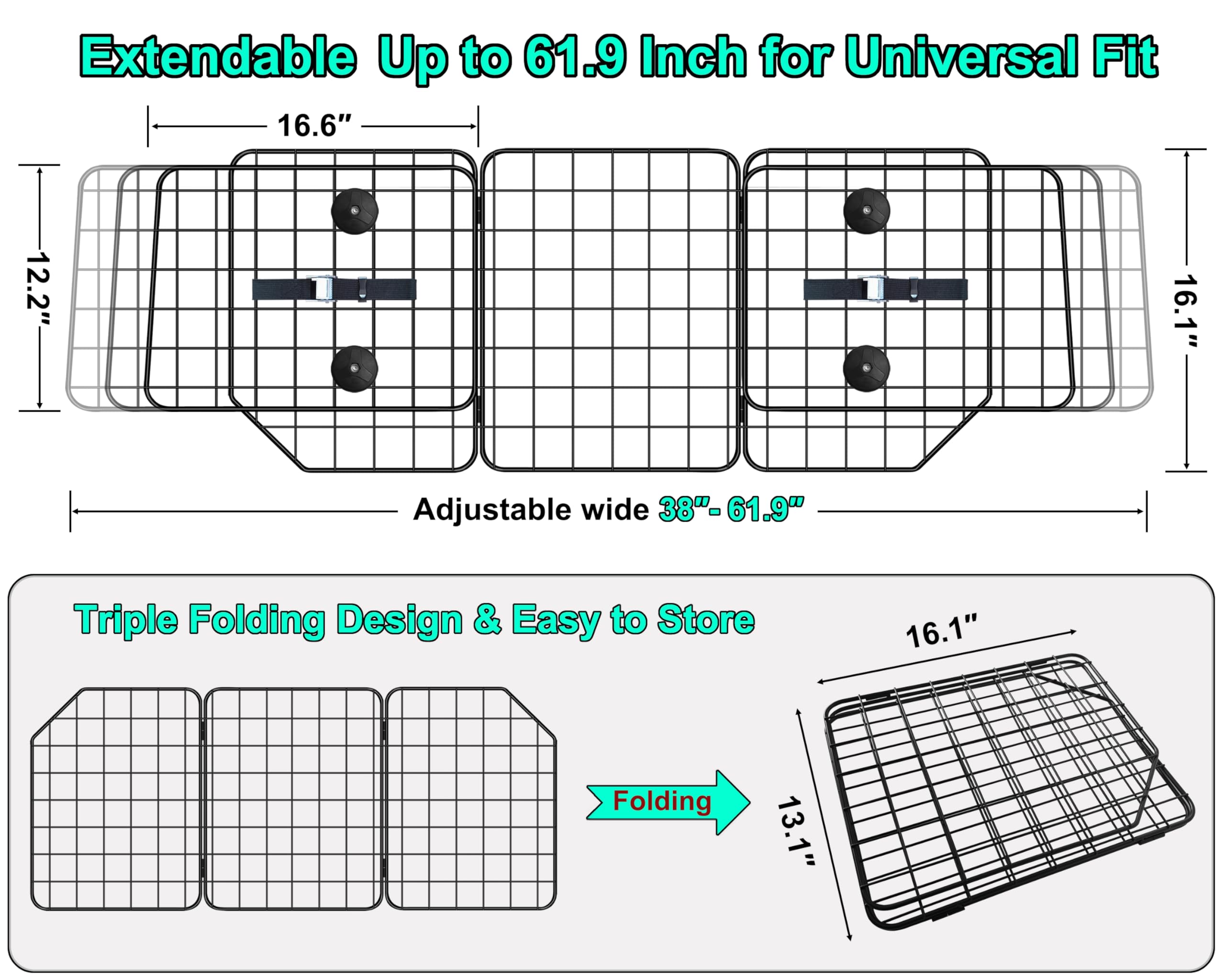 C CASIMR Dog Car Barrier - Adjustable Pet Divider for SUVs & Cars, 38-61.9in, Heavy-Duty Wire Mesh, Black, Model DCB102A