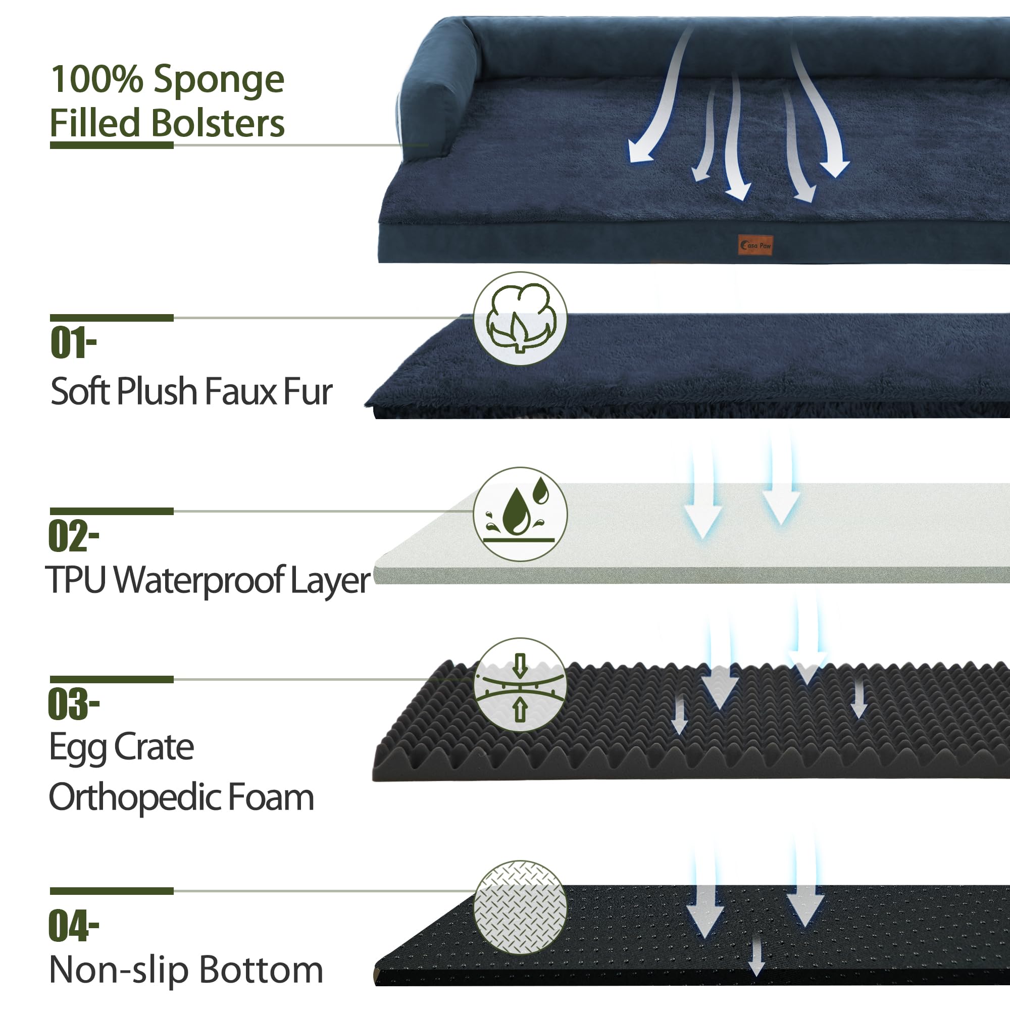 Casa Paw Orthopedic Dog Bed for Extra Large Dogs, Waterproof XLarge Memory Foam Couch Bed with Comfy Bolster, Removable Washable