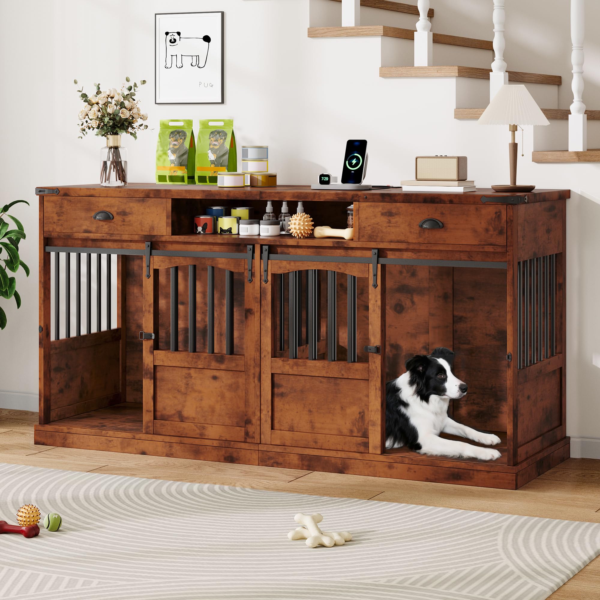 Homiflex 72 Double Dog Crate Furniture with Storage for 2 Medium Large Dogs Farmhouse Wooden Dog Kennel Furniture with 2 Sliding