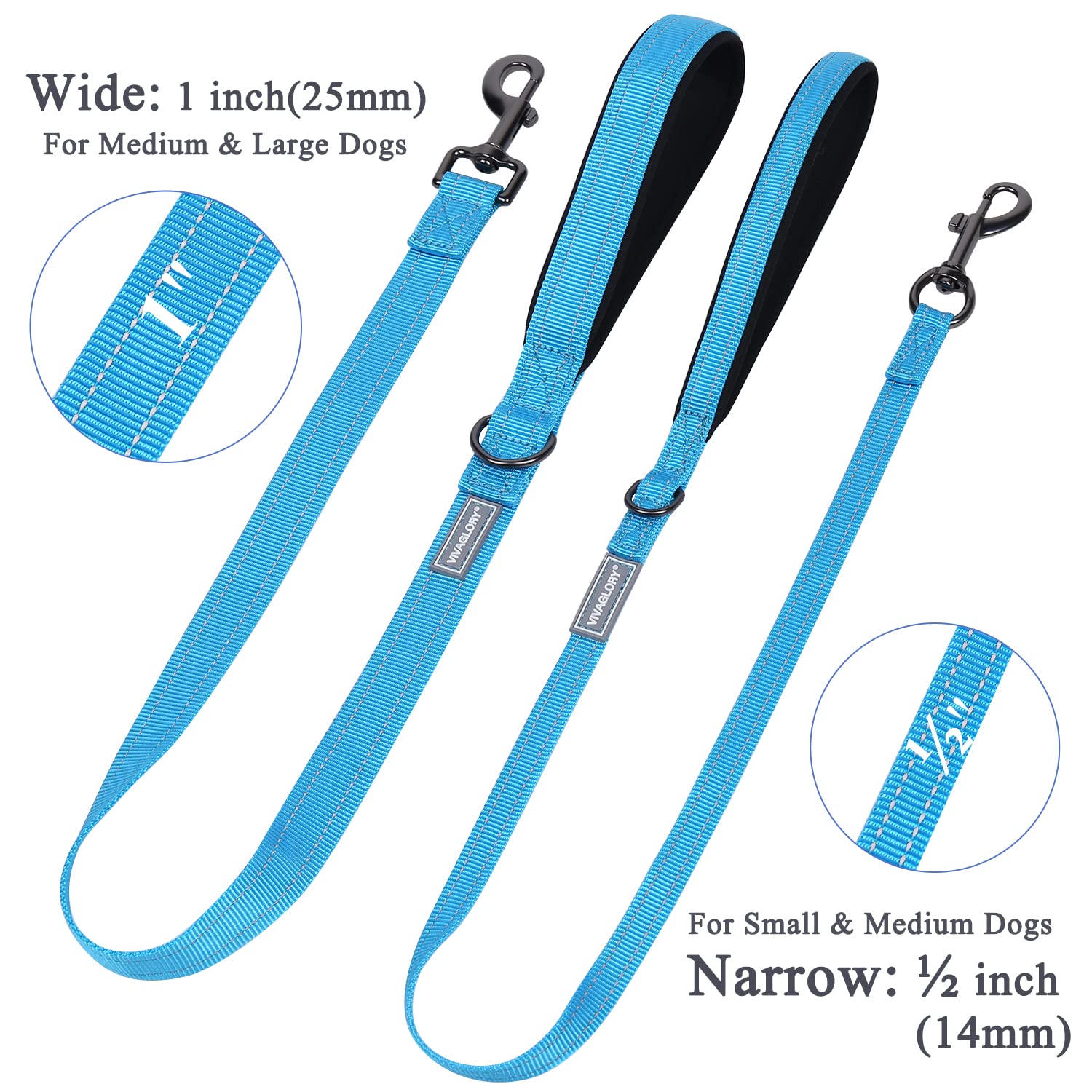 Vivaglory Padded Handle Dog Leash, 4ft Reflective Nylon for Medium to Large Dogs, Lake Blue, Heavy Duty, Ideal for Training and Walking