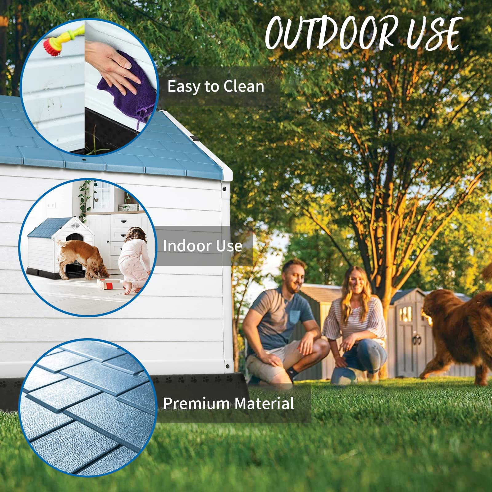 PUKAMI Plastic Dog House for Small Medium Large Dogs, Waterproof, Elevated Floor, Blue, 34inch, Model PUK01