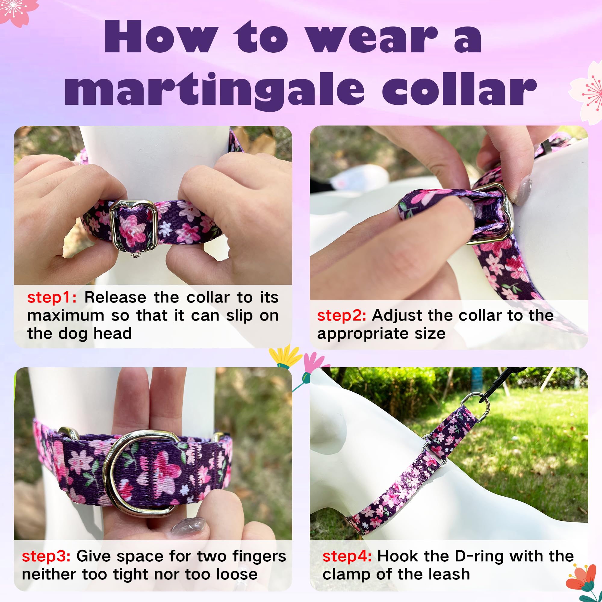 Hikiko Martingale Collar For Dogs With No Buckle Purple Floral Female Dog Collar Cute Girl Dog Collars For Small Dogs,Japanese P