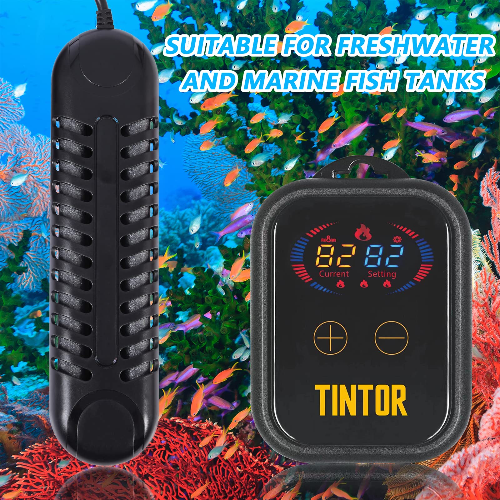 Tintor Submersible Aquarium Heater, 800W/1200W Fish Tank Heater, Double Tube Heating, Rapid Heating And Energy Saving, Led Digital Temperature Controller, Suitable For Sea Water And Fresh Water(800)