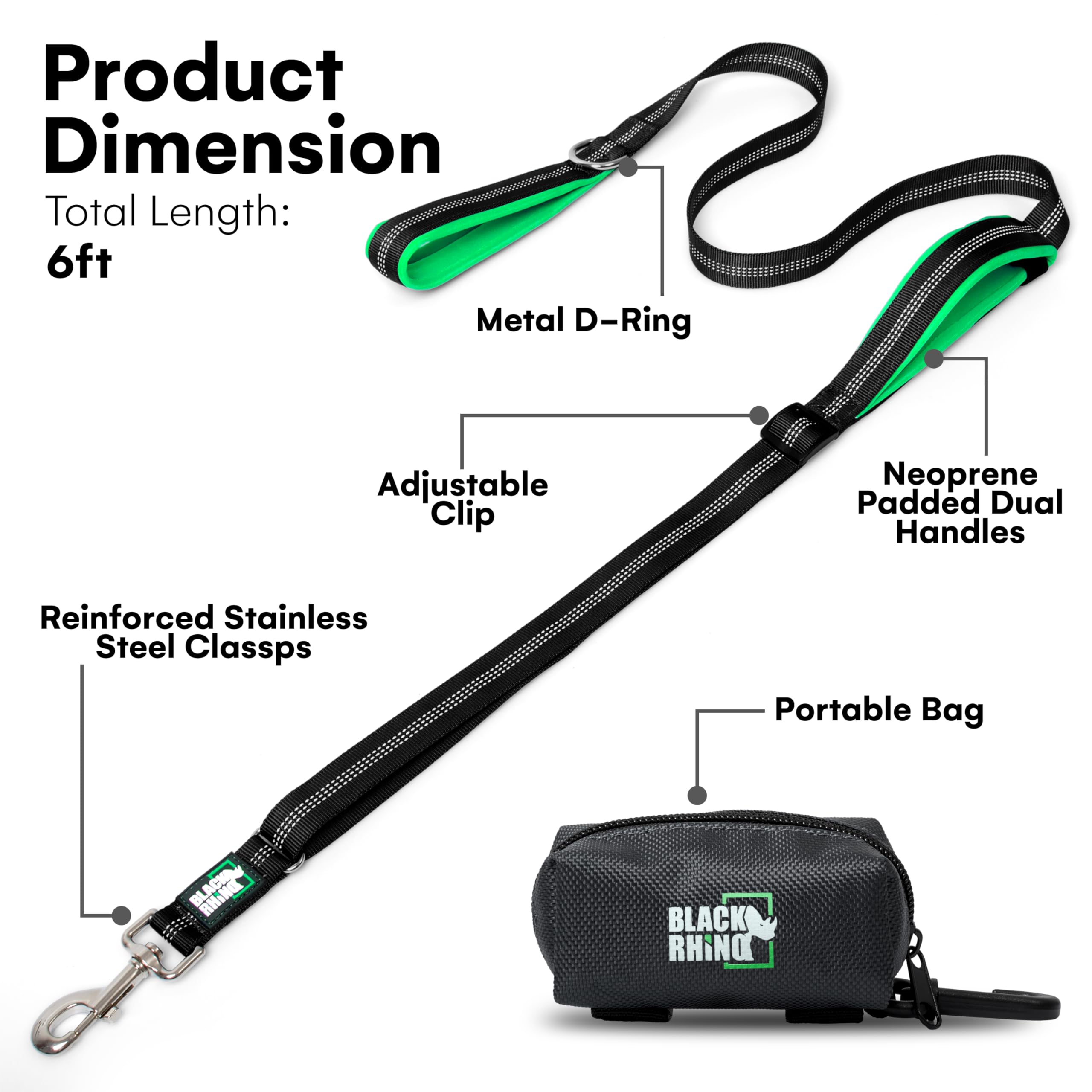 Black Rhino Double Handle Dog Leash - Heavy Duty Adjustable Leash for Large Dogs That Pull - Reflective Two Handle Neoprene Padd
