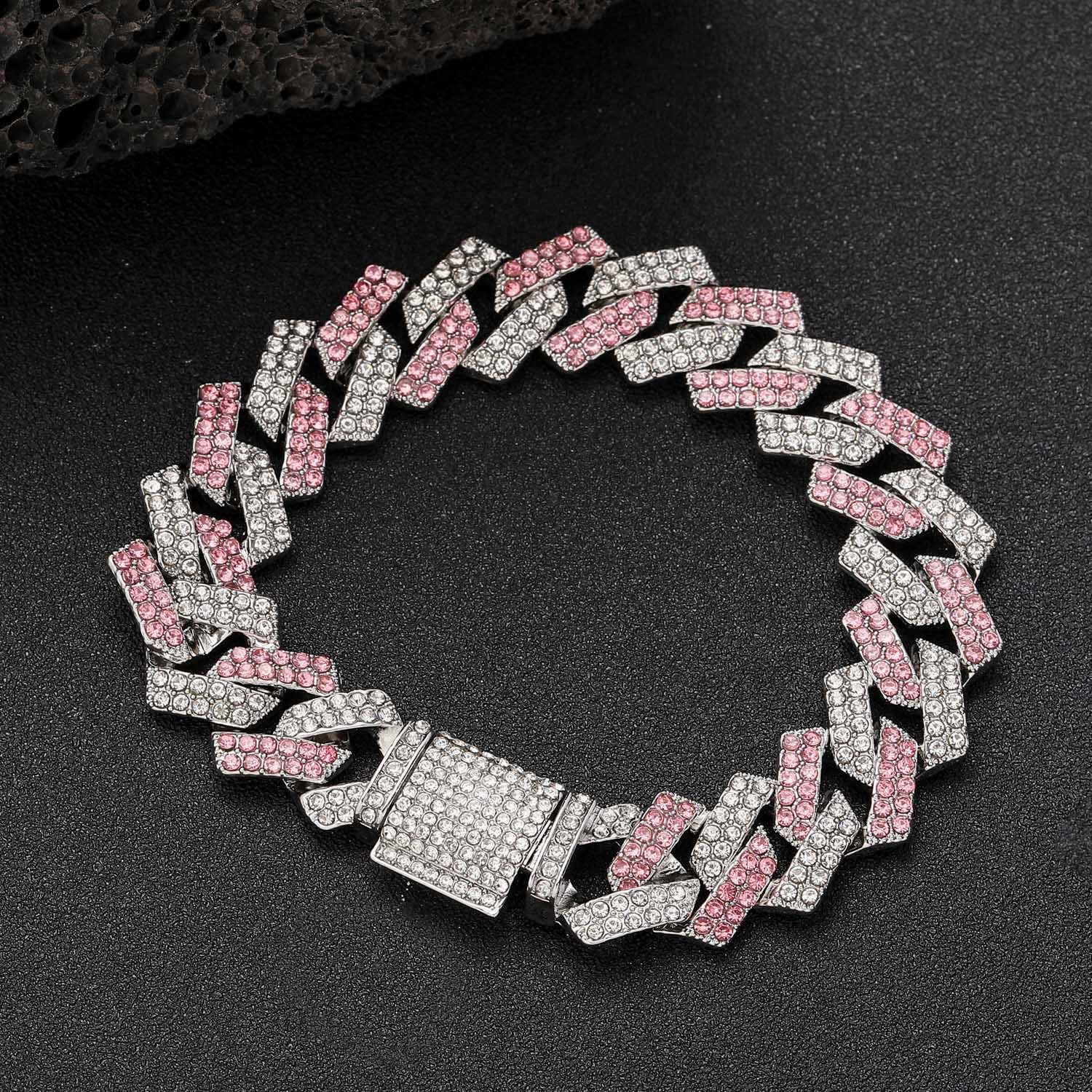 Pink Dog Chain, Cuban Link Dog Collars Bling Diamond Rhinestone Dog Necklace Collars For Small Medium Large Pet Dogs 18In