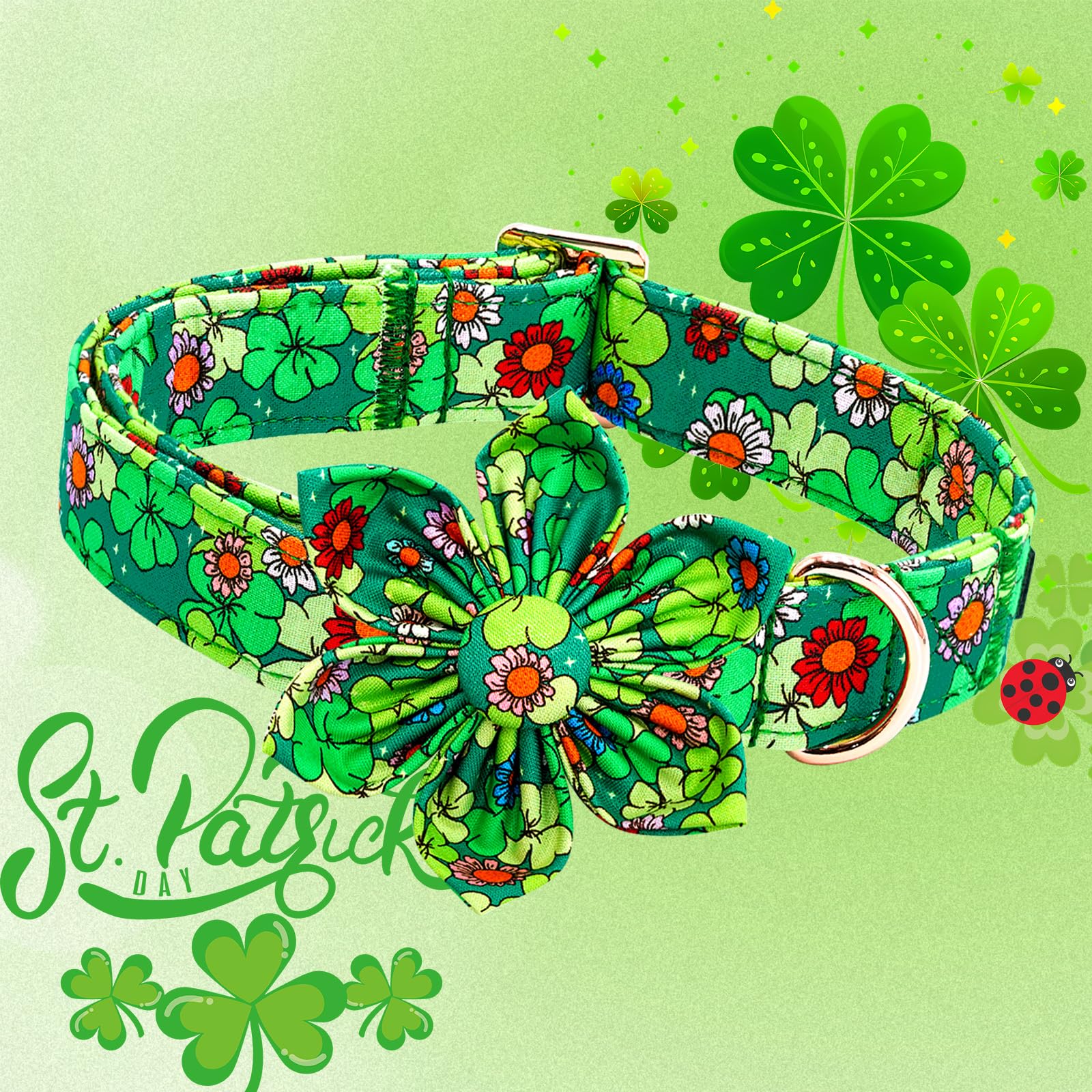Lionheart Glory St. Patrick'S Day Dog Collar With Flower-Lucky Clover Shamrock Dog Bow Collar For Small Dogs Green Spring Trefoi
