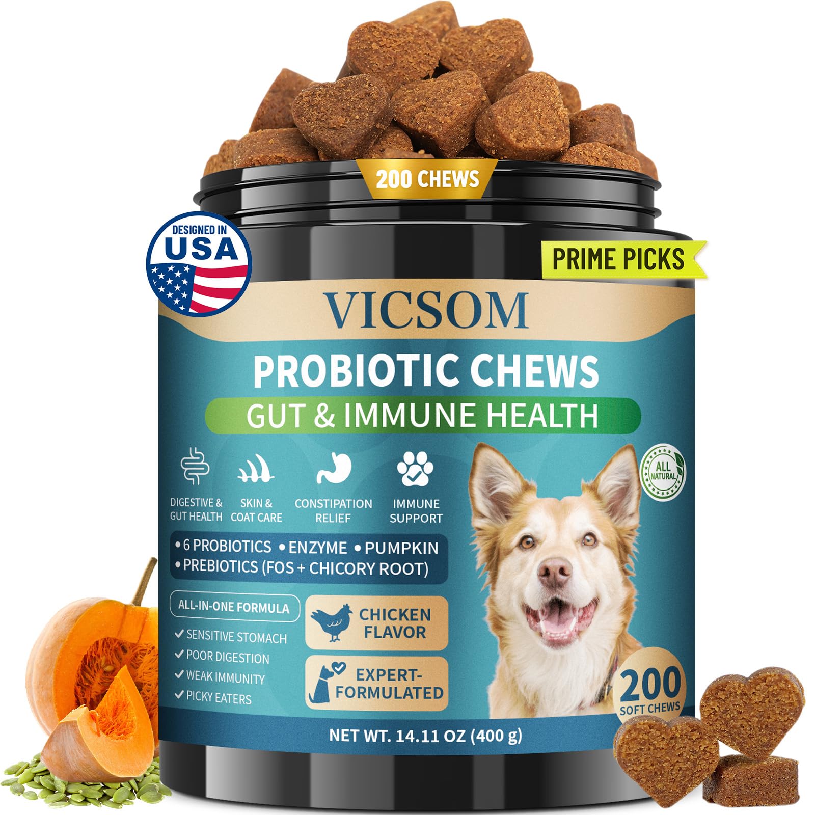 Dog Probiotics for Dogs, 200 Soft Probiotic Chews for Dogs Digestive Health Gut Health & Immune System, with 6 Probiotics & Dige