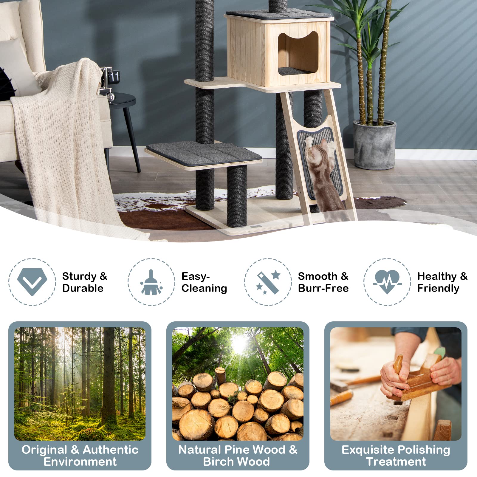Petsite 69' Tall Wooden Cat Tree Tower, Modern Cat Activity Center Tree With Sisal Posts & Scratch Board, Condo & Top Perch For Kitchen & Large Cat, Grey