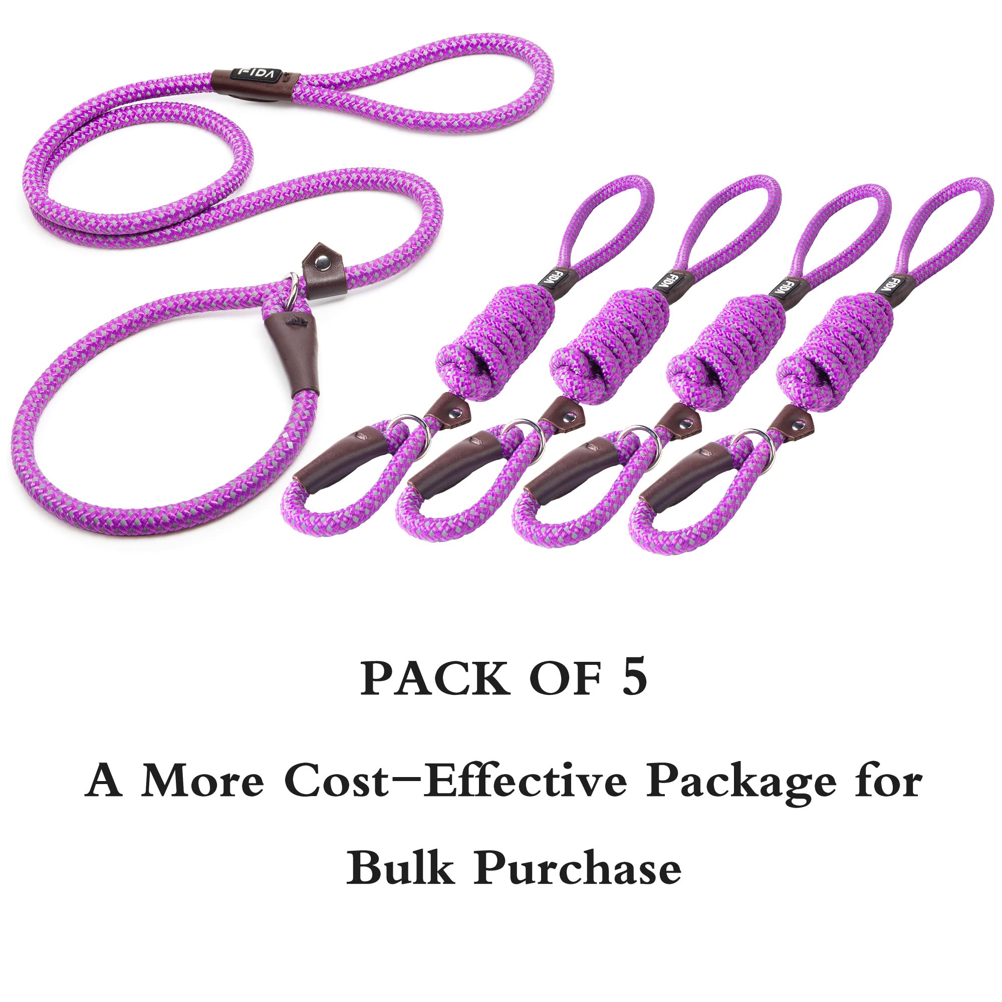 Fida Durable Slip Lead Dog Leash Bulk Pack Of 5, Heavy Duty 1/2' X 6 Ft Comfortable Strong Rope Slip Leash For Large, Medium Dogs No Pull Pet Training Leash With Highly Reflective, Purple