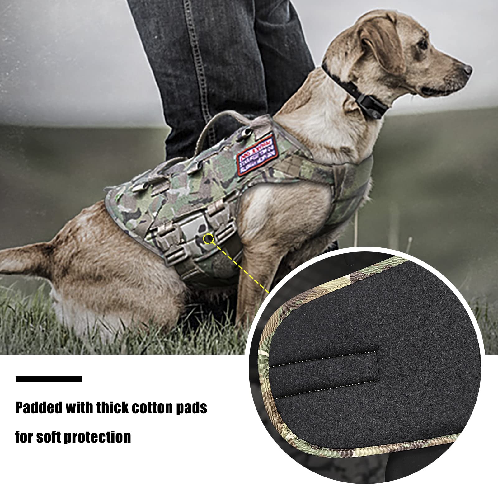 PETAC GEAR Tactical Dog Harness K9 Dog Training Vest Adjustable Padded Police Service Dog Working MOLLE Vests for Large Medium D