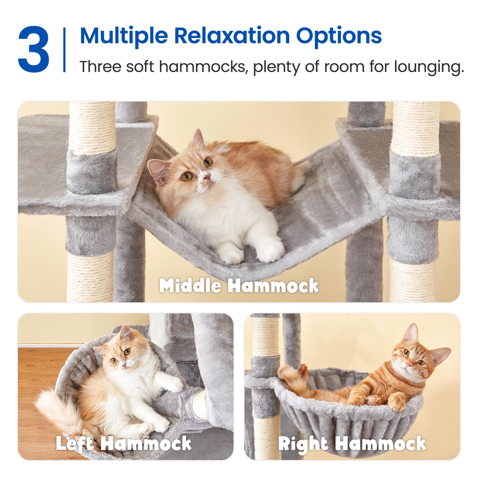 MWPO Extra Large Cat Tree, 77.6-Inch Tall, Light Grey, Engineered Wood, 2 Condos, 3 Hammocks, Model US-B871B