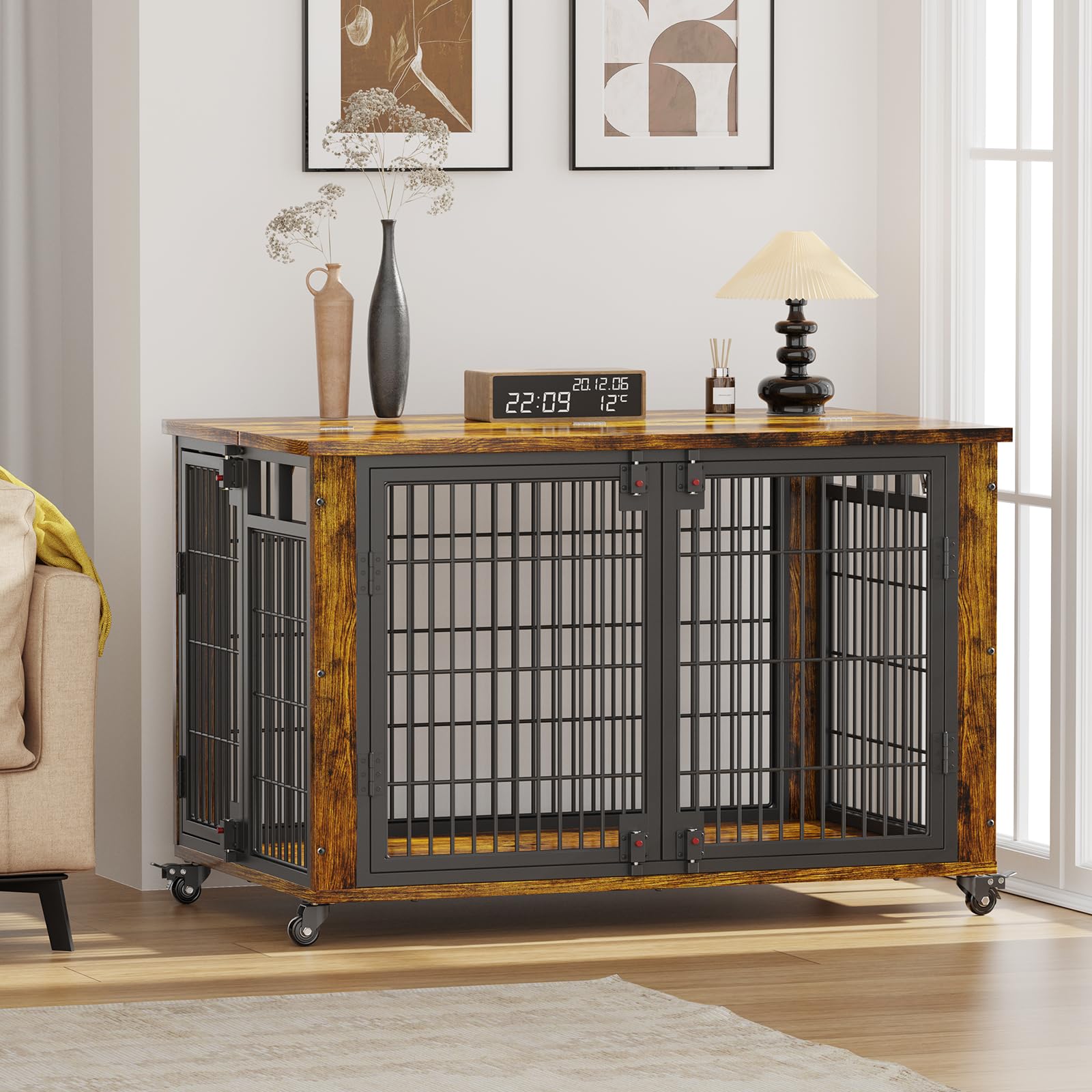 EasyCom 90% Pre-Assembled 41 Moveable XL Dog Crate, Large Dog Crate Furniture with Top-Access Teasing/Feeding Doors, Chew-Resist