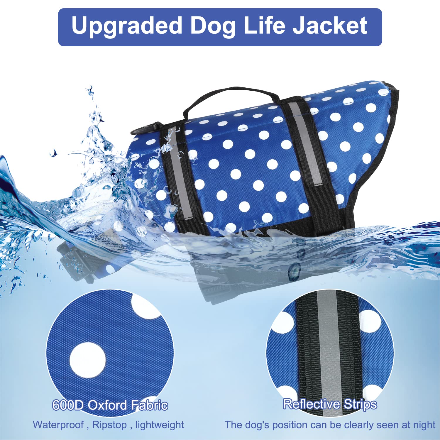 Haocoo Dog Life Jacket Vest Saver Safety Swimsuit Preserver With Reflective Stripes/Adjustable Belt Dogs?Blue Polka Dot,Xl