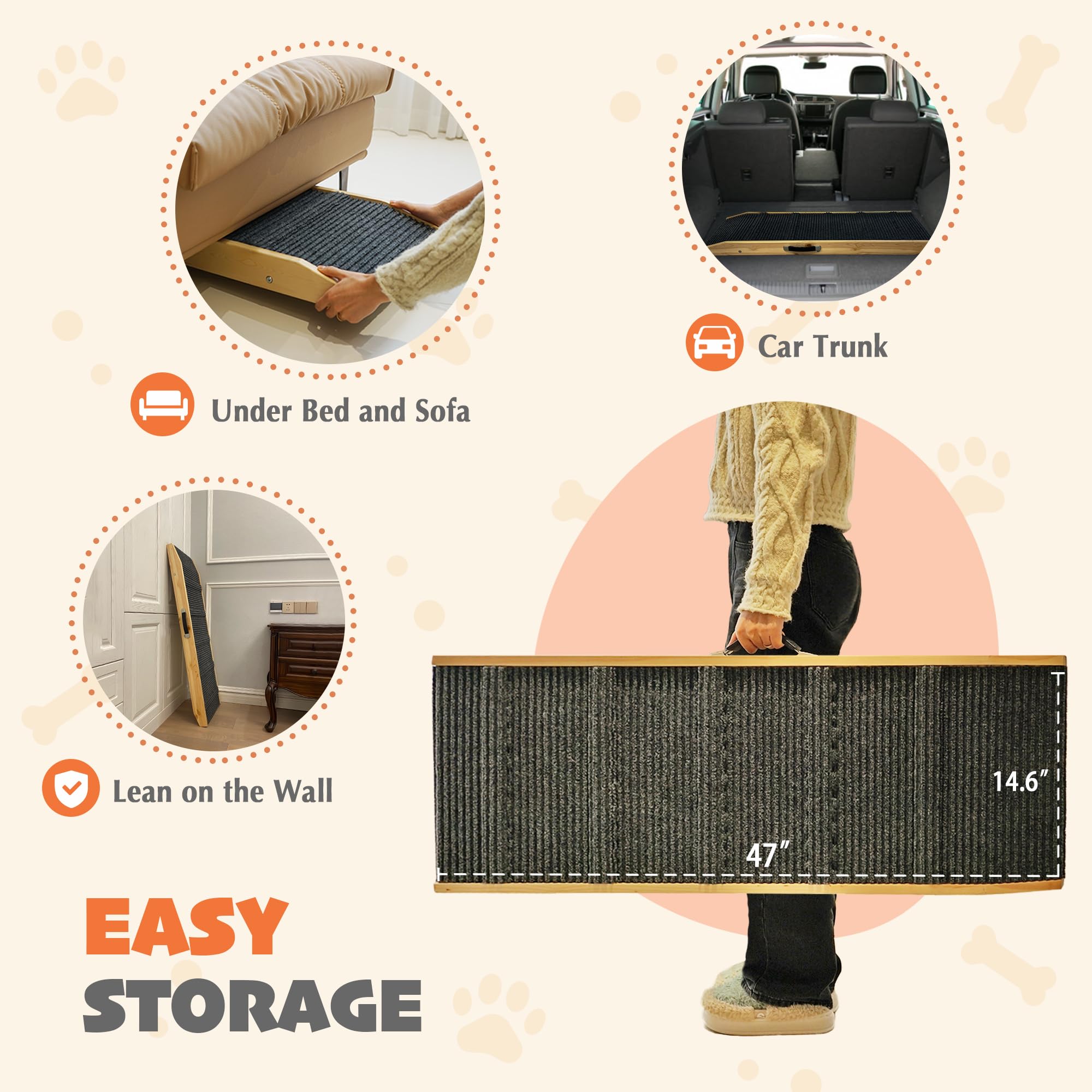 PETKARAY Dog Ramp for Bed, Folding Wooden, Adjustable 9"-24" Height, 47" Long, Beige, Model DR-01