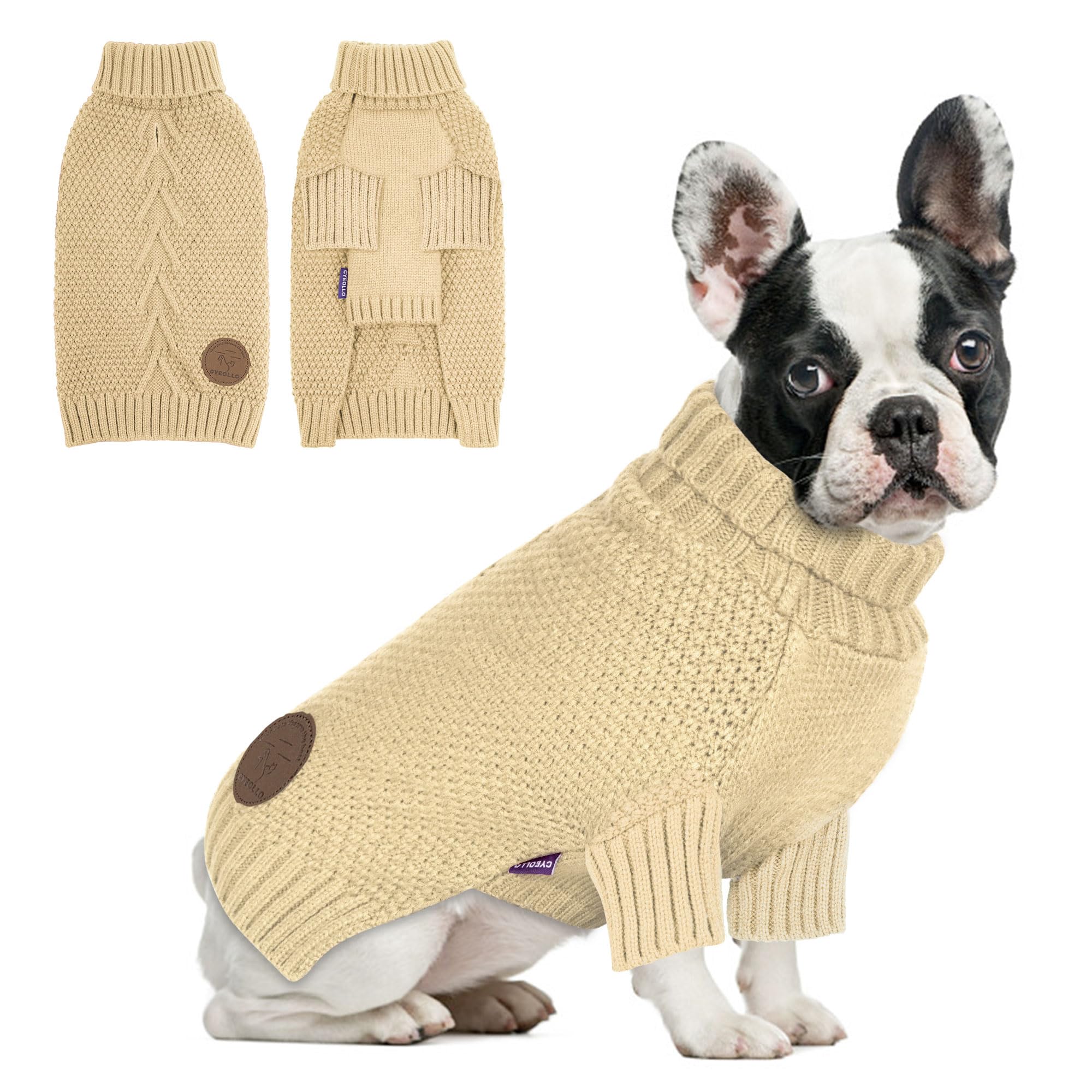 Cyeollo Dog Sweater Turtleneck Knitted Sweaters With Leash Hole Winter Dog Clothes Sweaters For Small Dogs, Beige Xl