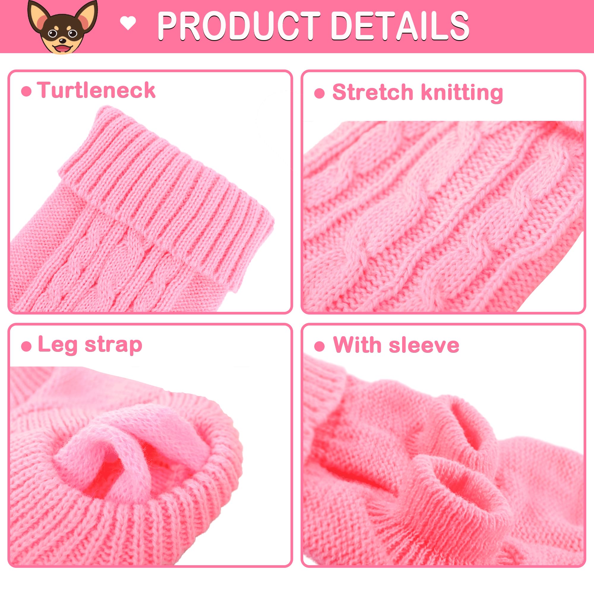 Kallfir's cutie XXS Dog Sweater - 2 Piece Turtleneck Knitted Rose-Pink Chihuahua Clothes for Small Dogs & Cats, Model 509O4