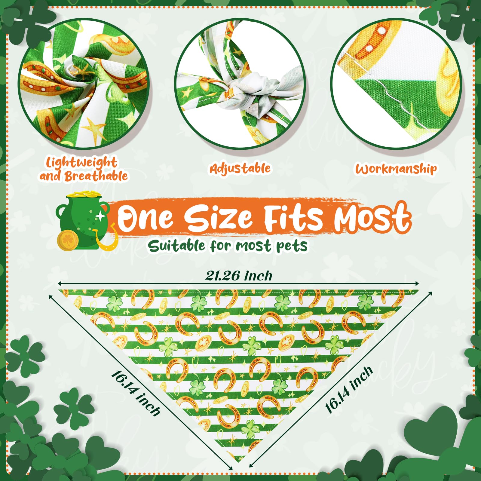 Reginary 72 Packs St. Patricks Day Dog Bandanas Bulk Shamrock St. Patricks Day Green Soft Dog Scarf Adjustable Pet Puppy Bibs
