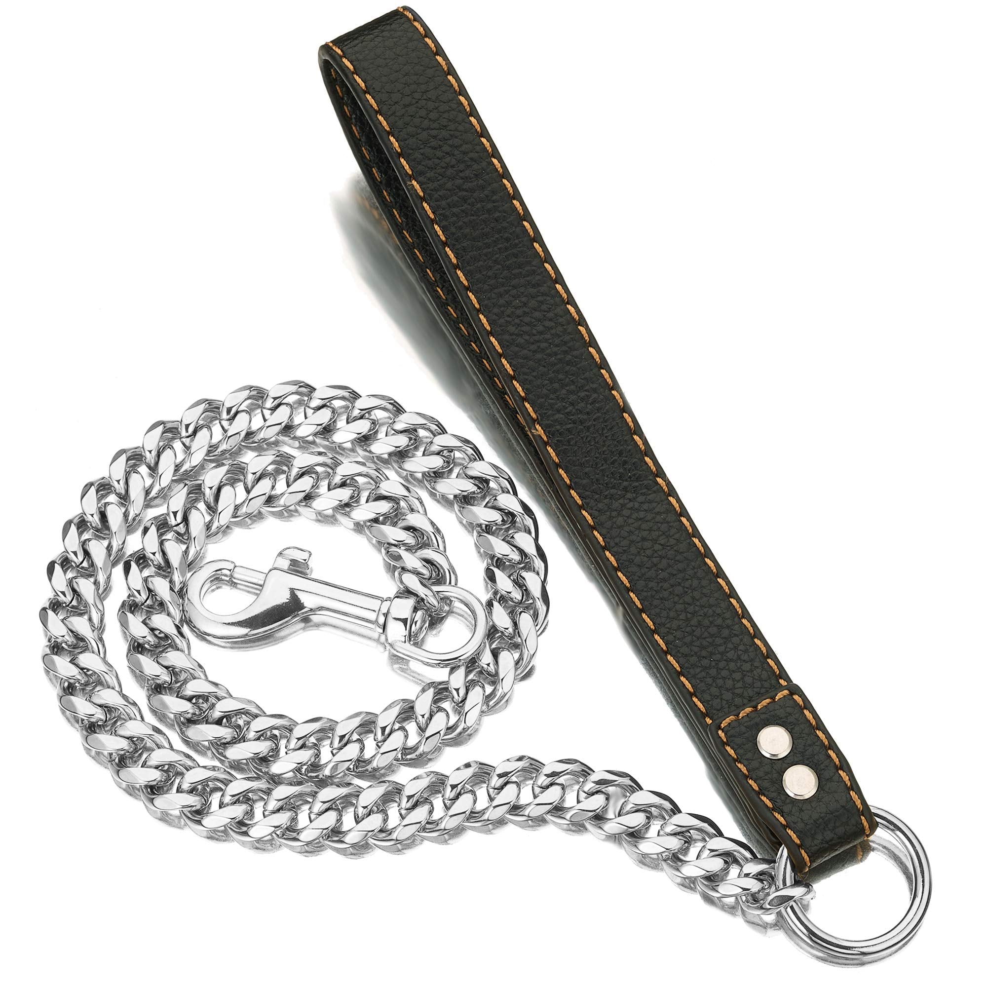 PRADOG Chain Dog Leash Metal Chew Proof 15MM Heavy Duty Pet Leash Chain with Leather Padded Handle for Large Medium Small Dogs(T