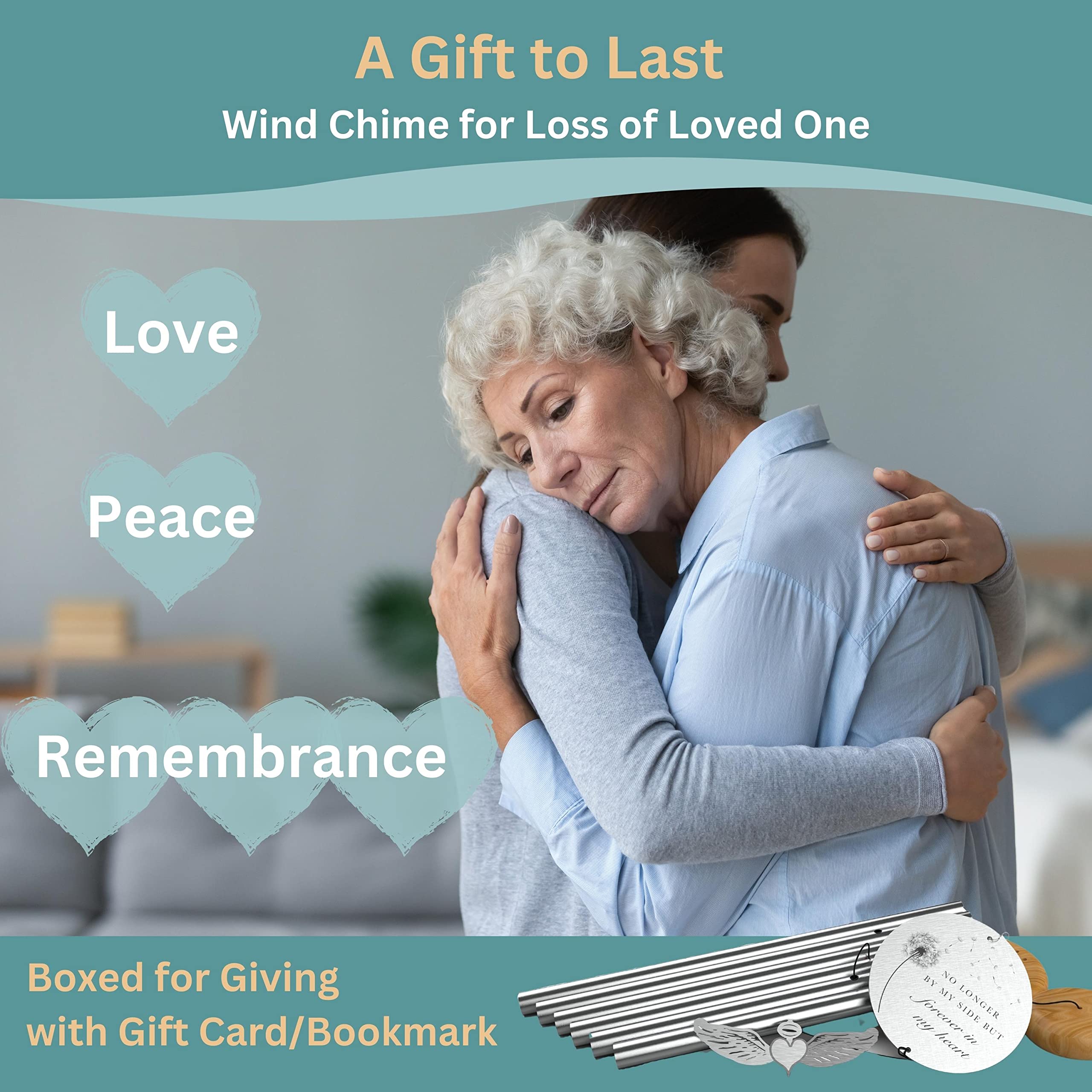 Sympathy Memorial Wind Chimes for Loss of Loved One - Large 26 Silver Bereavement Gift for Outdoors, in Memory of Mother, Father