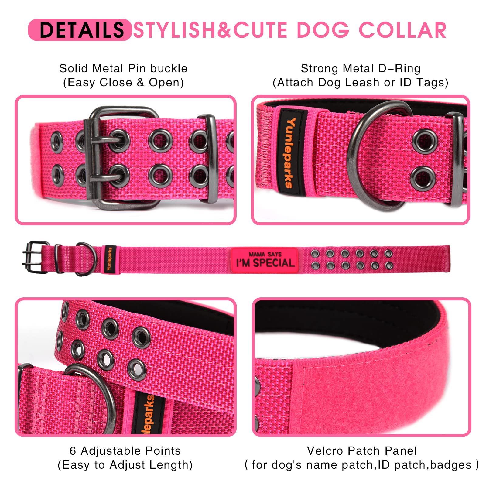 Yunleparks Tactical Collar For Medium Large Dogs, Heavy Duty Metal Buckle, Soft Neoprene Padded, Nylon Wide(X-Large, Pink)