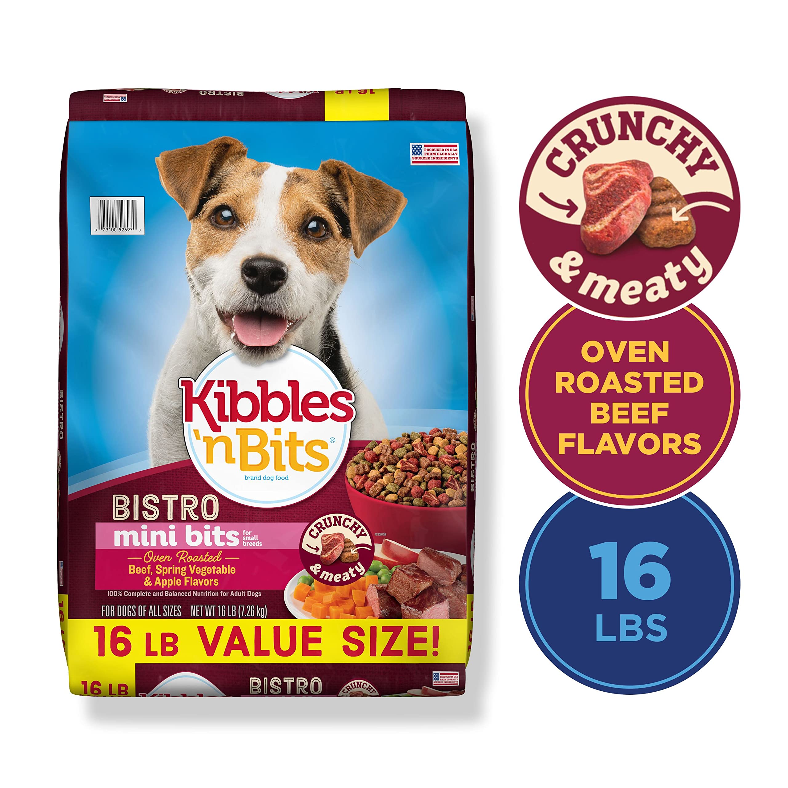 Kibbles N Bits Bistro Small Breed Mini Bits Oven Roasted Beef Flavor Dry Dog Food, 16lb Bag