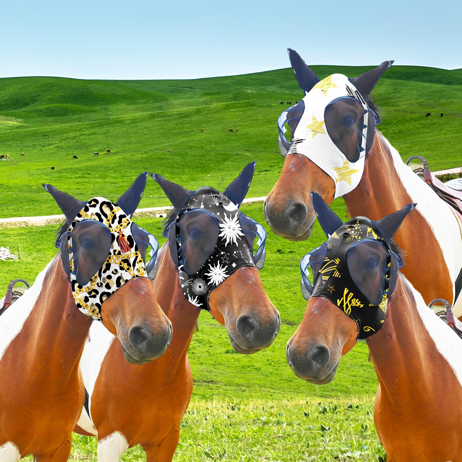 Super Comfort Fly Marsks for Horses of 4pcs Set-Horse FlyMask with Ears- Elasticity Fly Mask with UV Protection(Size:L