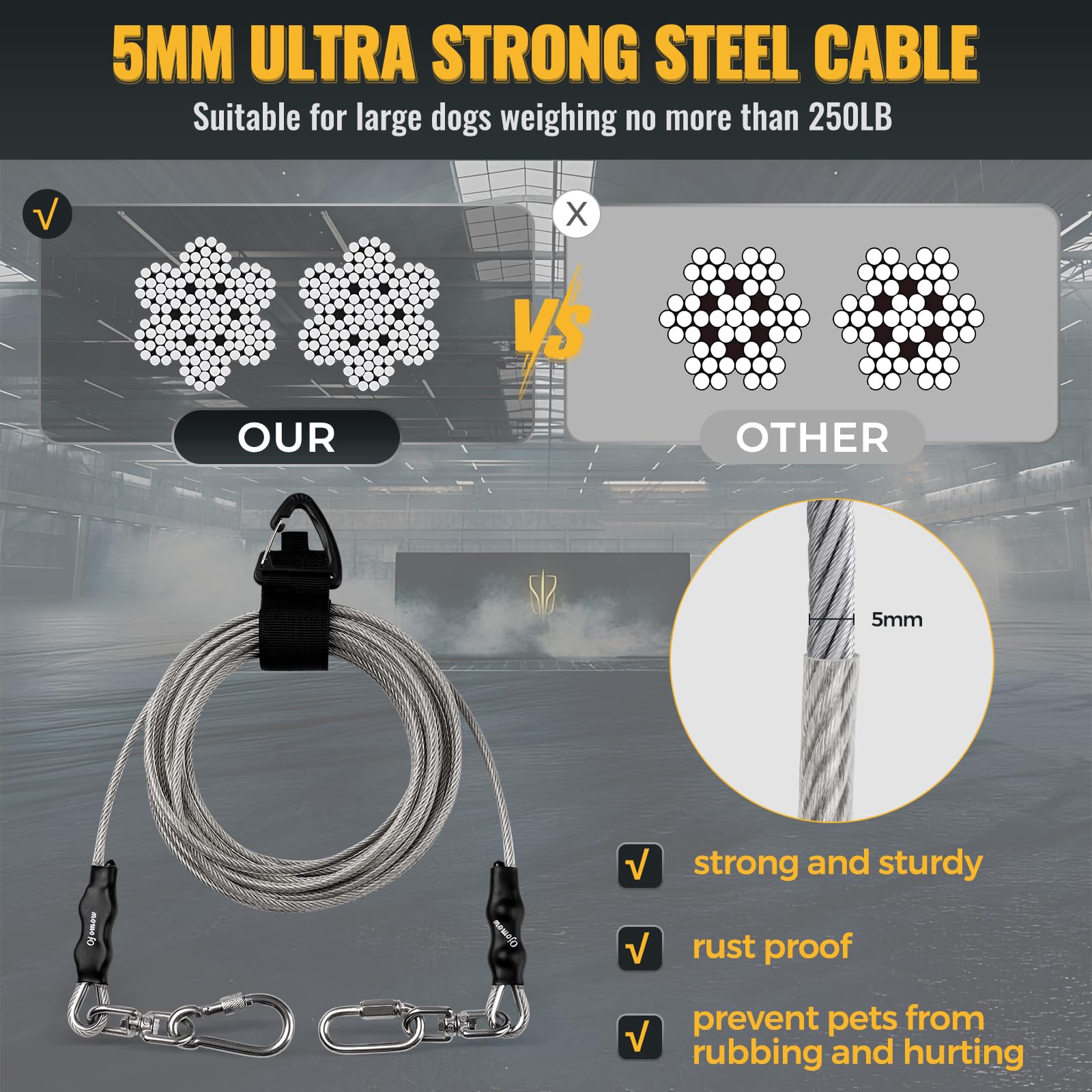 Ojomow Heavy Duty Dog Tie Out Cable For Stake, Anti-Rusty Long Dog Leash For Large Dogs - Actual 2000Lbs Break Strength (10Ft)