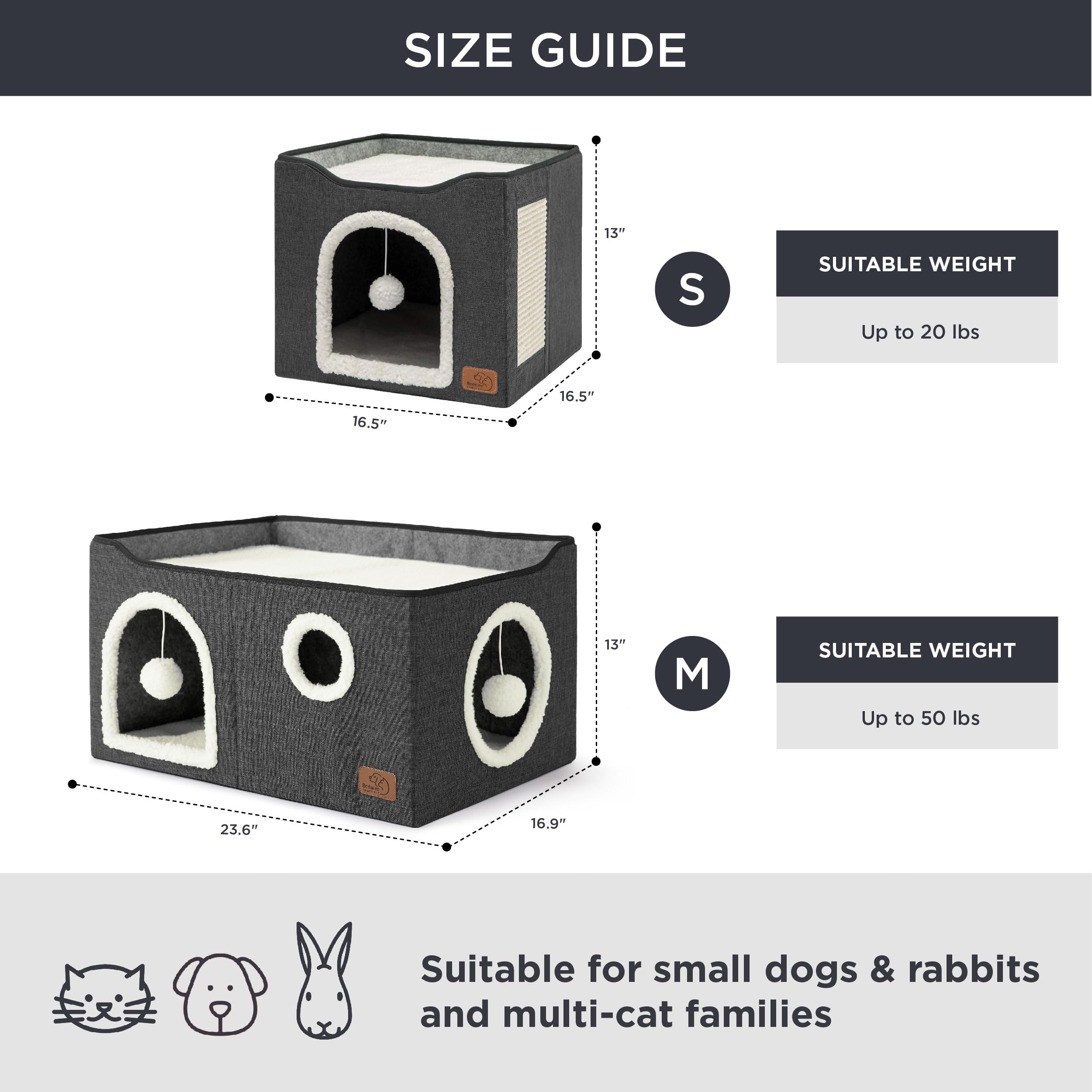 Bedsure Extra-Wide Cat House For Indoor Cats - Large Cat Cave For Pet Cat House With Fluffy Ball Hanging And Scratch Pad, Foldable Cat Hideaway For Multi Cats, 23.6X16.9X13 Inches, Dark Grey