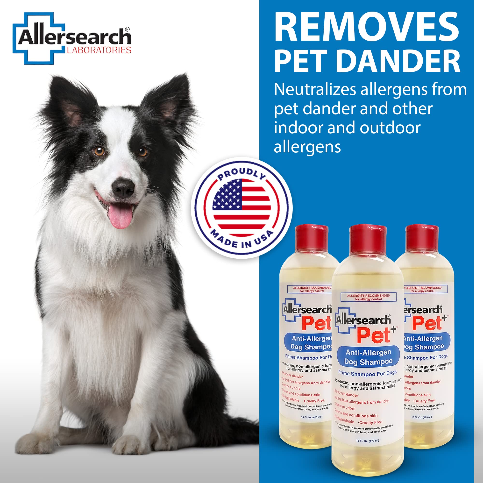 Allersearch Pet+ Anti-Allergen Dog Shampoo - 16 Oz, Gentle Formula for Allergies, Model AL206016