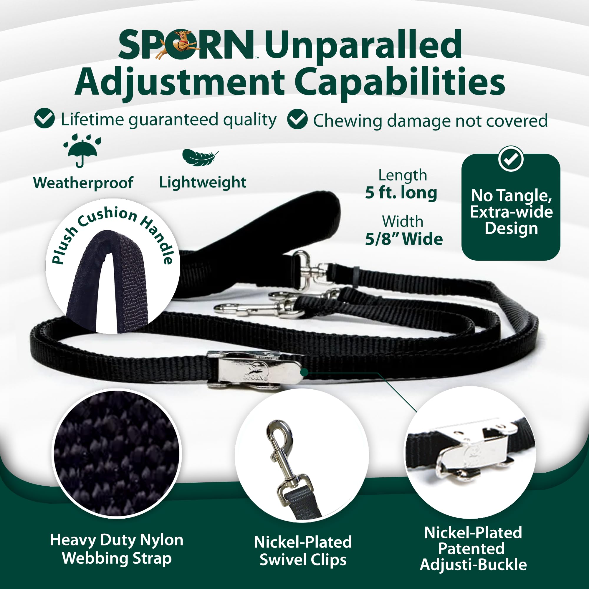 Sporn Double Dog Leash Coupler, Strong Nylon Webbing, Cushion Handle, Standard Size, Black, Model 10079