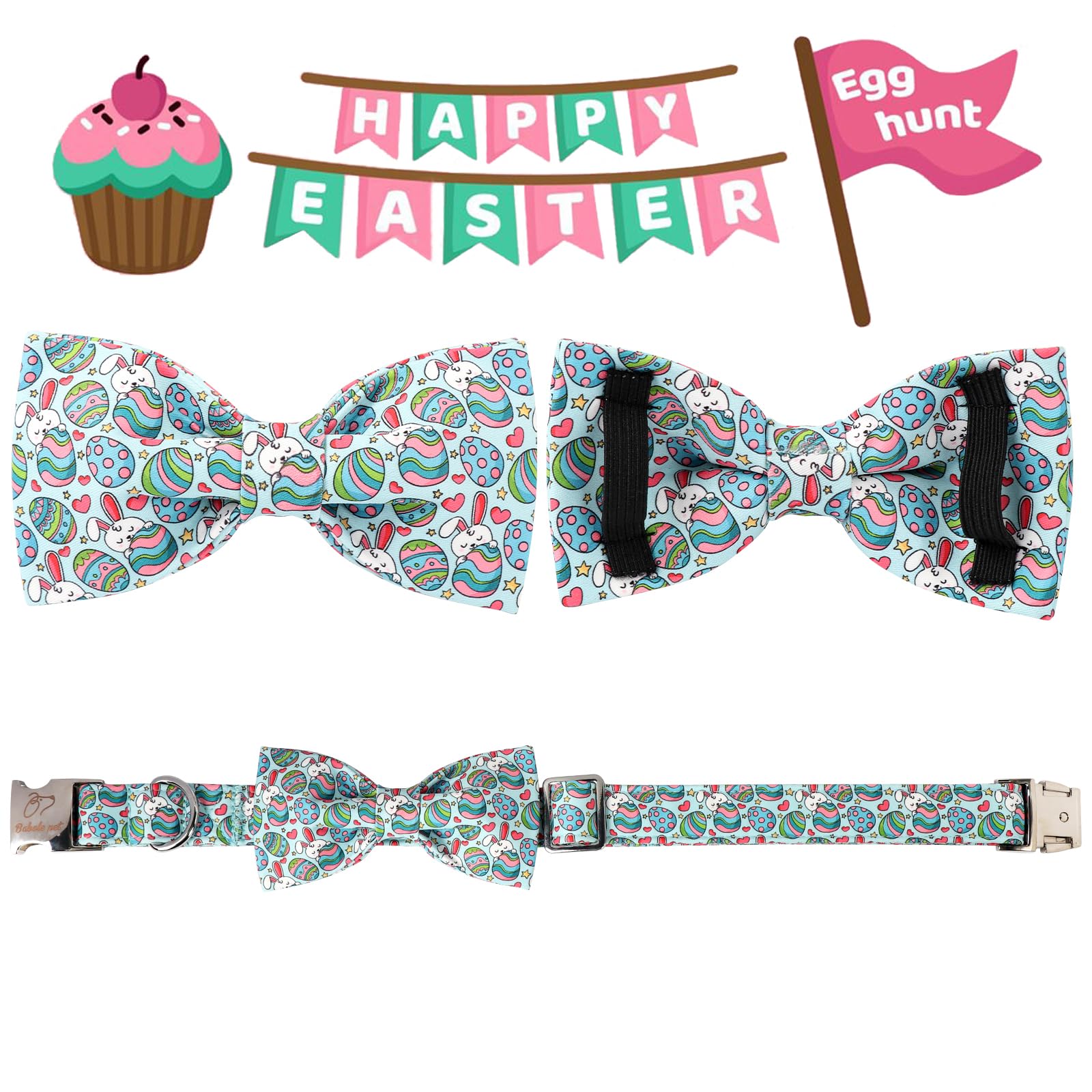 Babole Pet Easter Dog Collar With Bow Tie, Eggs Bowtie With Safety Metal Buckle, Cute Boy Girl Bunny Collar For Small Medium Dog