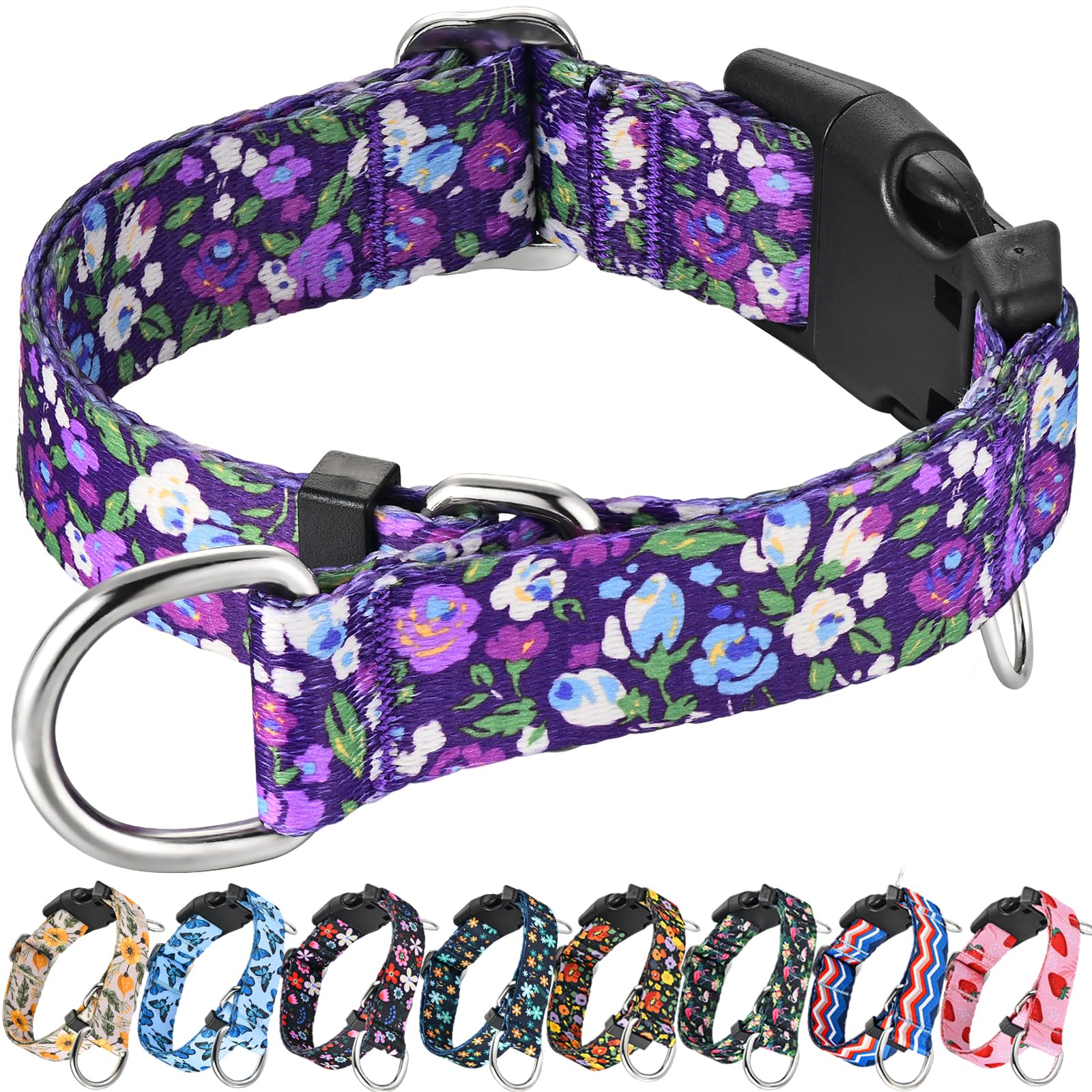 Fidohug Martingale Collar For Dogs With Buckle Adjustable Nylon Slip No Pull Anti Escape Training Dog Collars (Purple Floral, La