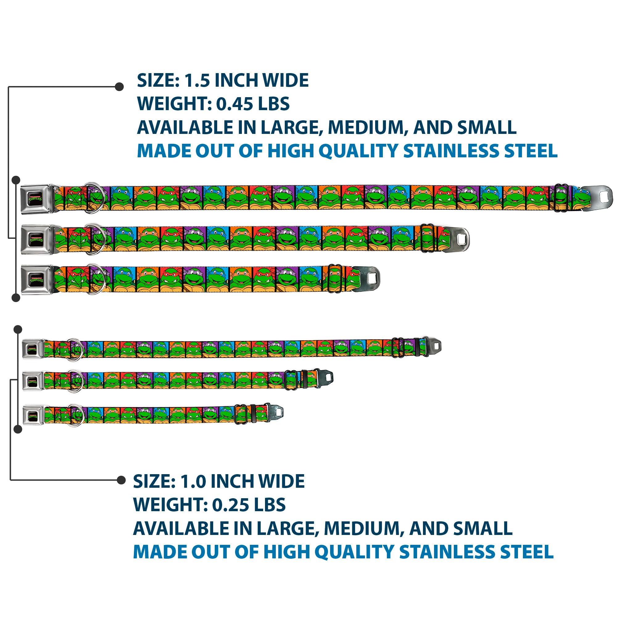 Buckle-Down Seatbelt Buckle Dog Collar - Classic Tmnt Face Blocks Black/Multi Color - 1' Wide - Fits 9-15' Neck - Small
