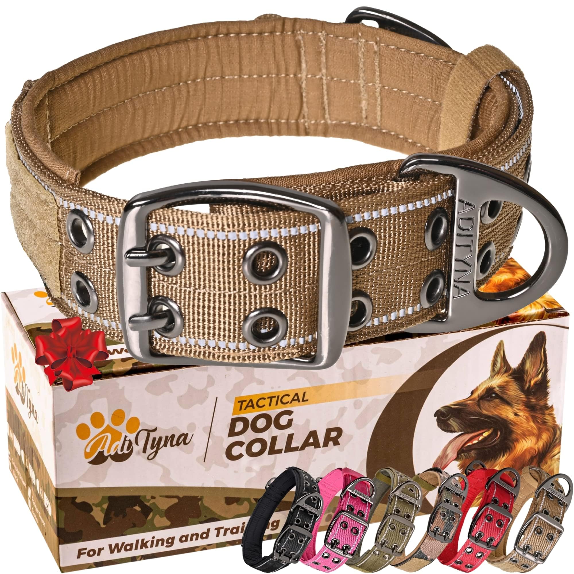 ADITYNA Heavy Duty Dog Collar for Large Dogs - Reflective, Soft Neoprene Padded, Coyote Brown, Fit 18-23" Neck, Model TC2 - L