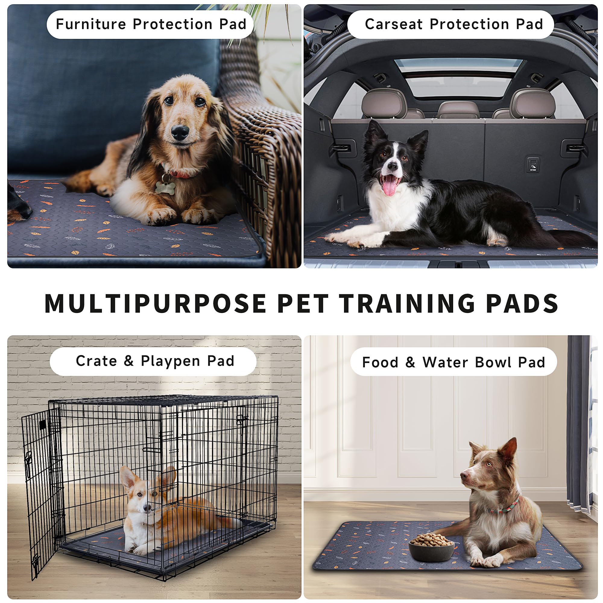 Sunheir Washable Dog Pee Pads 4-Pack, Waterproof, Non-Slip, 18x24 Inch, Leaves - Deep Grey, Model F-U1