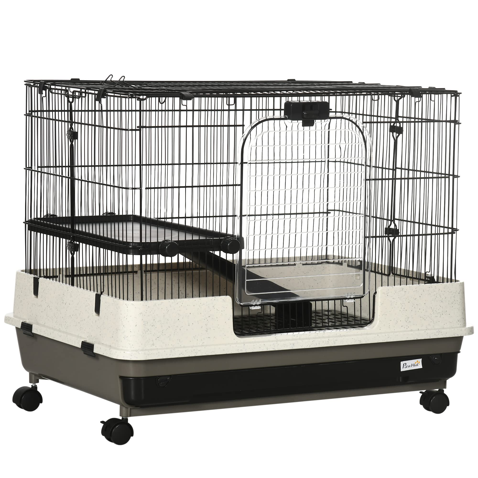 Pawhut 26' Small Animal Cage With Wheels, 2-Level Portable Bunny Cage, Chinchilla Ferret Cage With Removable Tray, Platform And Ramp
