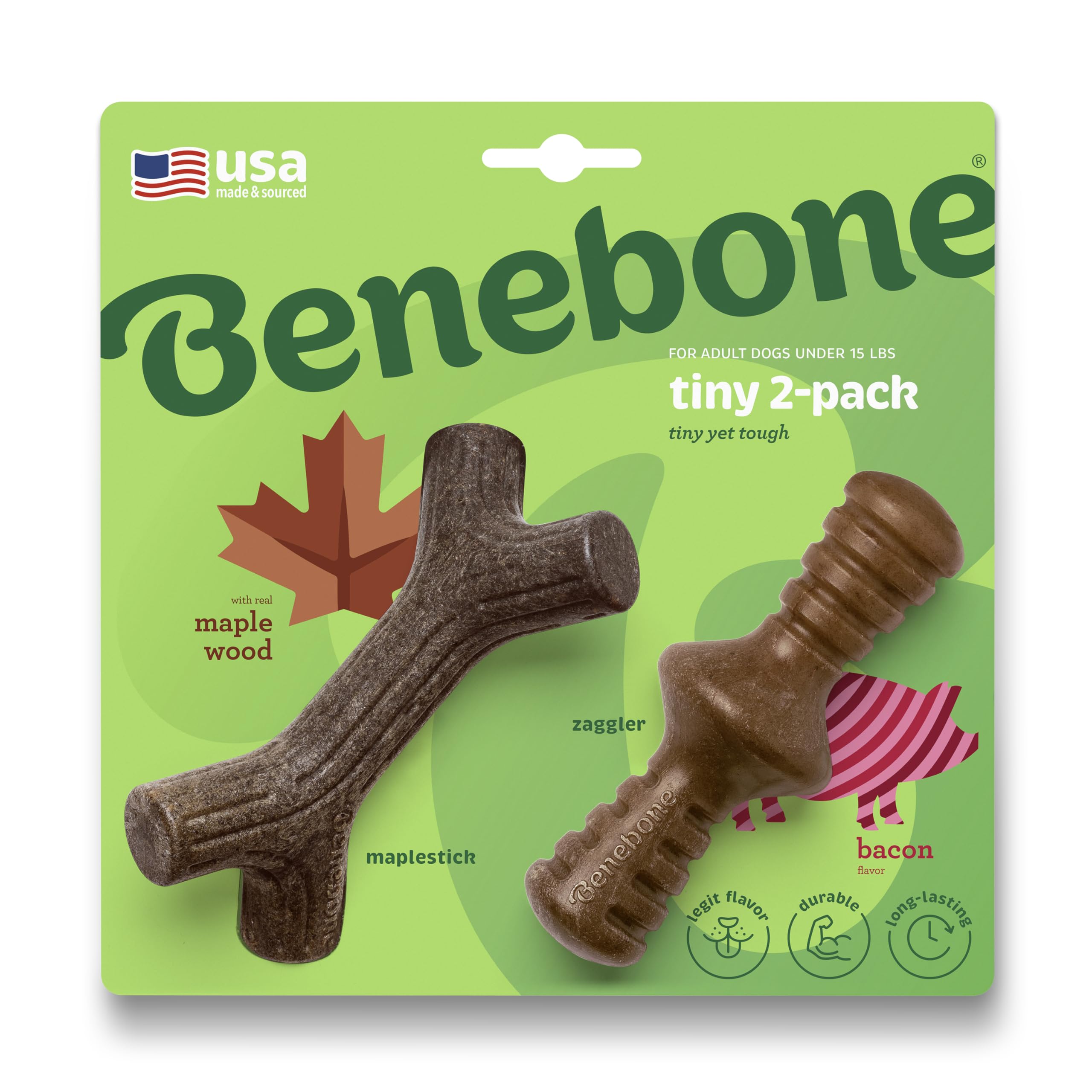 Benebone 2-Pack Maplestick/Zaggler Durable Dog Chew Toys, Real Bacon, Real Maplewood, Made In Usa, Tiny, Extra Small, Brown